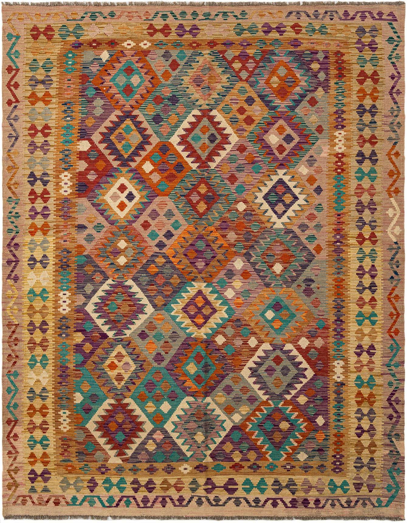 A vibrant, multi-colored rectangular Kilim rug featuring a tribal geometric diamond pattern in shades of orange, purple, teal, and beige.