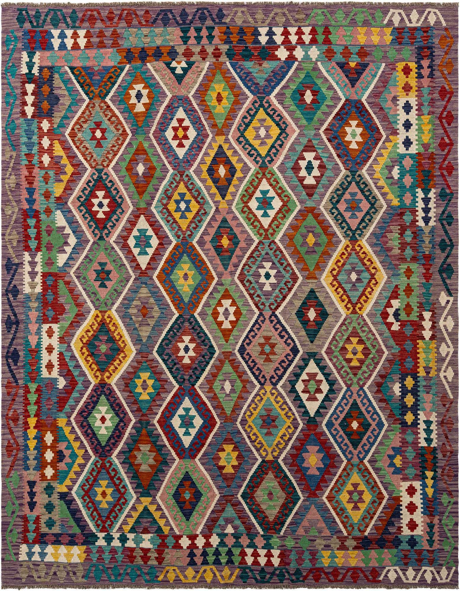 A vibrant, multi-colored rectangular Kilim rug with a tribal diamond pattern, showcasing various hues like blue, green, red, yellow, and purple.