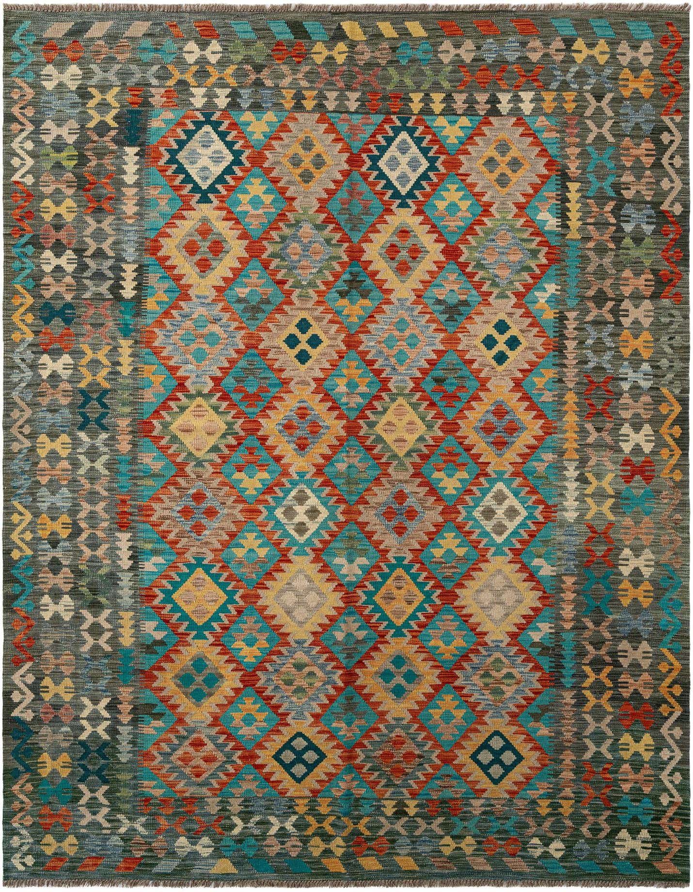A rectangular, multi-colored Marok Kilim wool rug featuring a vibrant geometric diamond pattern in teal, orange, yellow, and grey.