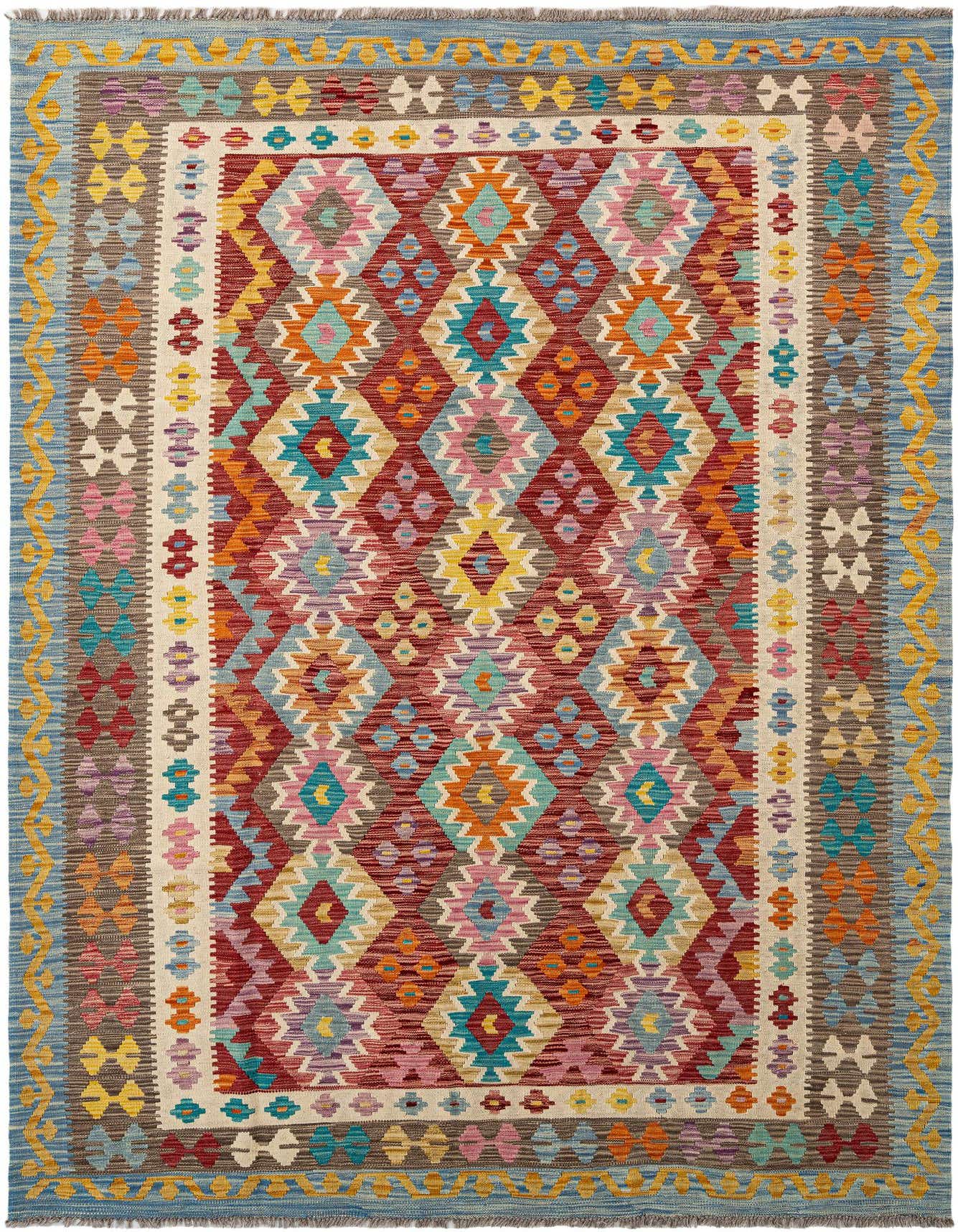 A vibrant, multi-colored rectangular Marok Kilim wool rug with a tribal geometric pattern and blue border.