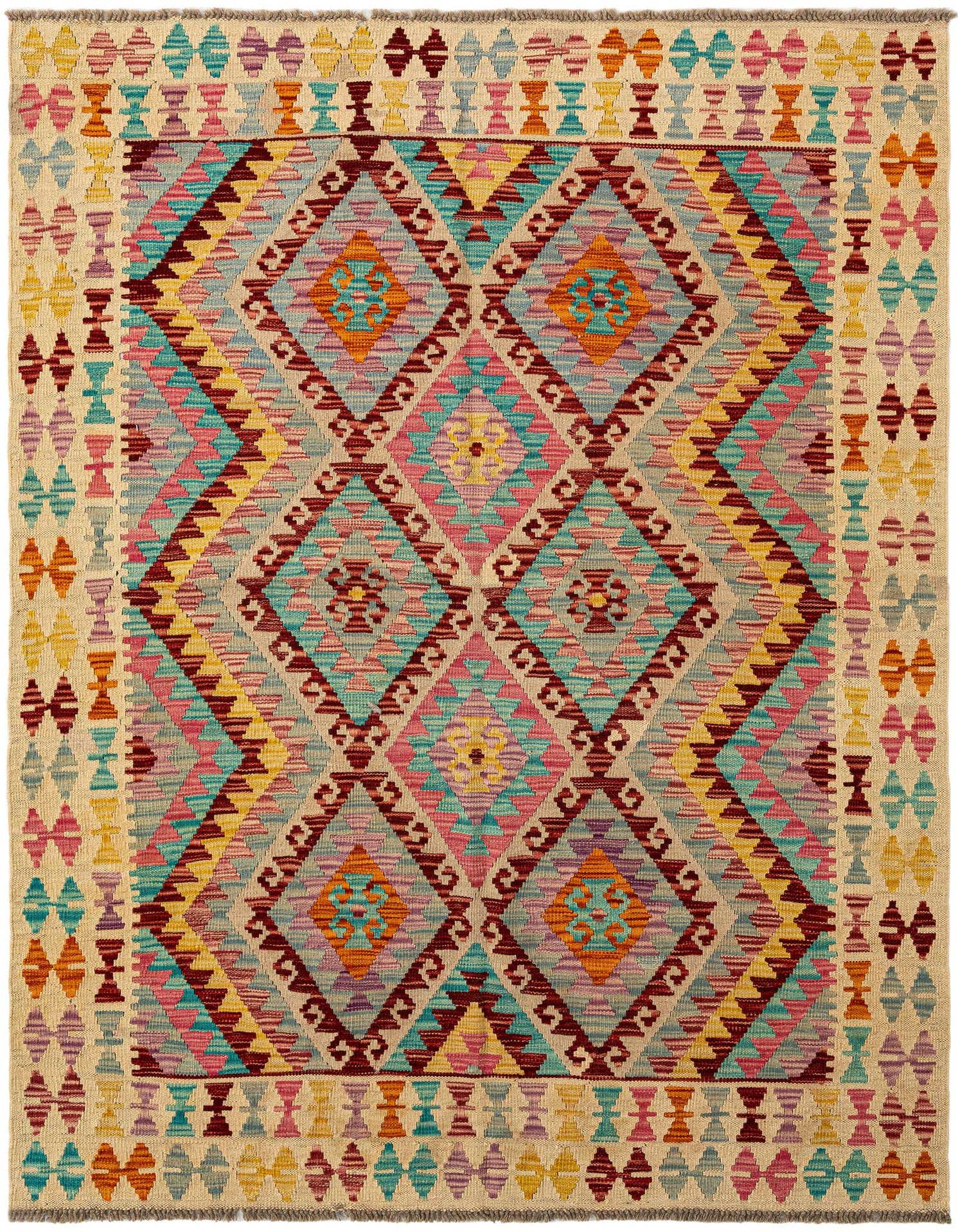 A vibrant, multi-colored rectangular Kilim rug with a tribal geometric pattern, featuring diamonds and intricate motifs.