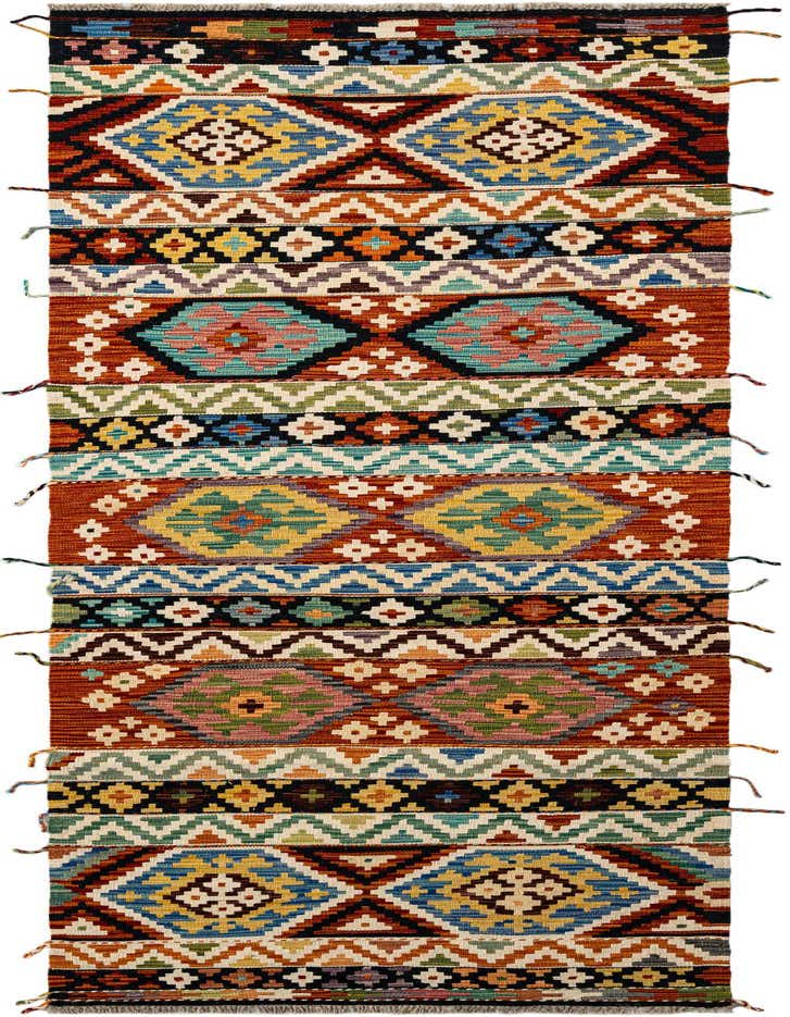A vibrant, multi-colored rectangular Marok Kilim rug with intricate Persian and tribal geometric patterns, featuring shades of red, blue, yellow, and green.