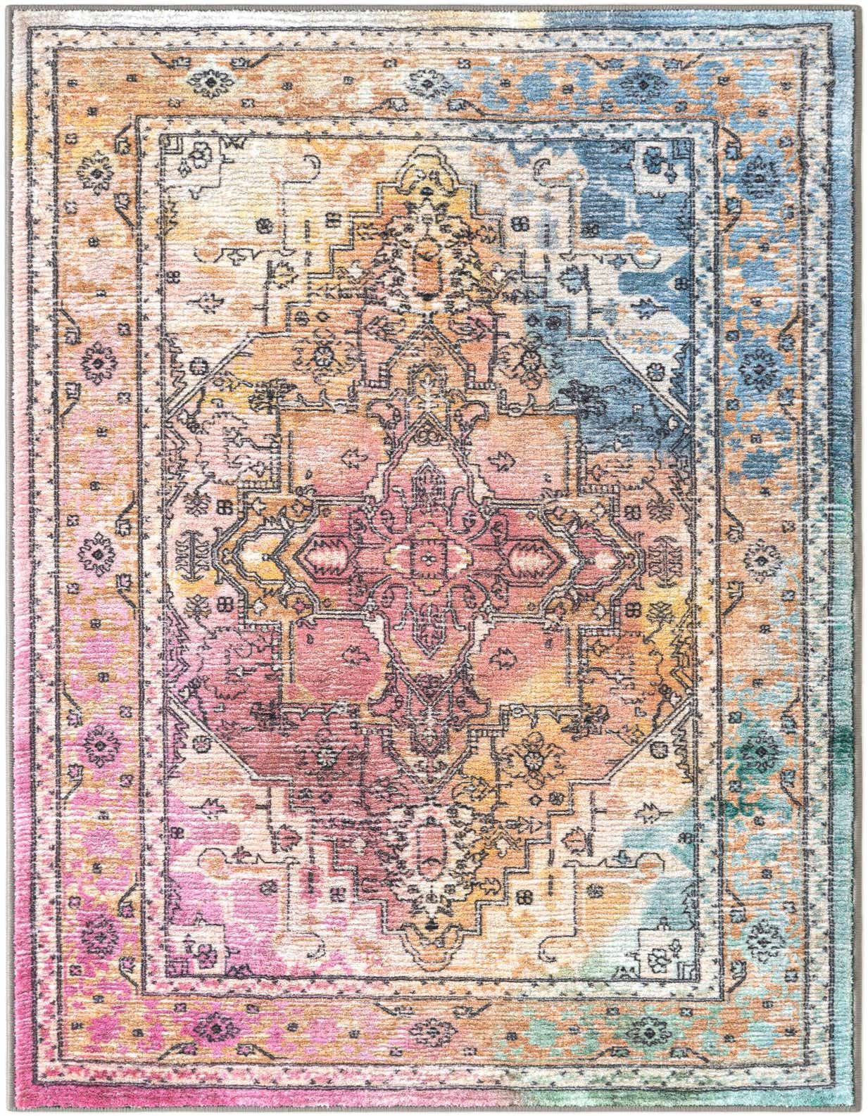 A vibrant 3x5 multi-colored rectangular rug featuring a distressed traditional medallion pattern in shades of pink, orange, and blue.