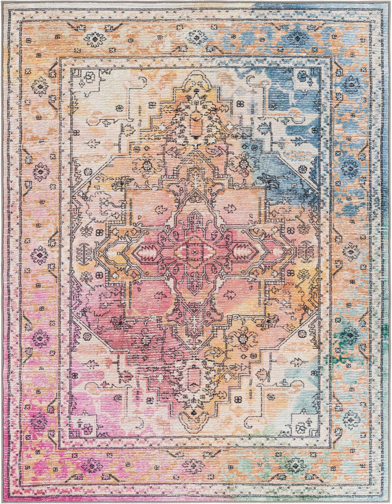 A 5x8 rectangular multi-colored Medina rug featuring a distressed traditional medallion and border pattern in vibrant pink, orange, and blue hues.