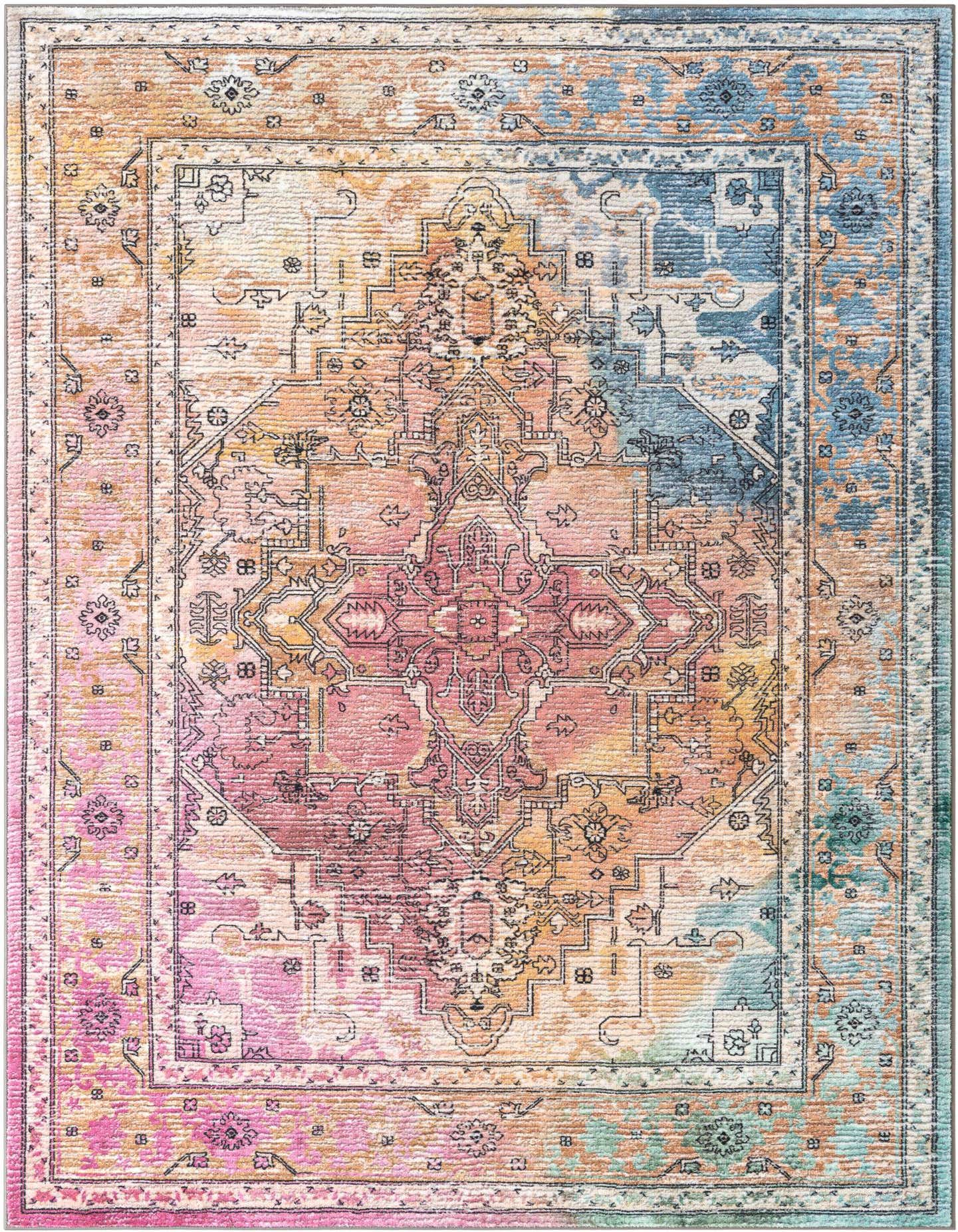 A vibrant 6x9 multi-colored rectangular area rug with a distressed traditional medallion pattern in shades of pink, orange, and blue.