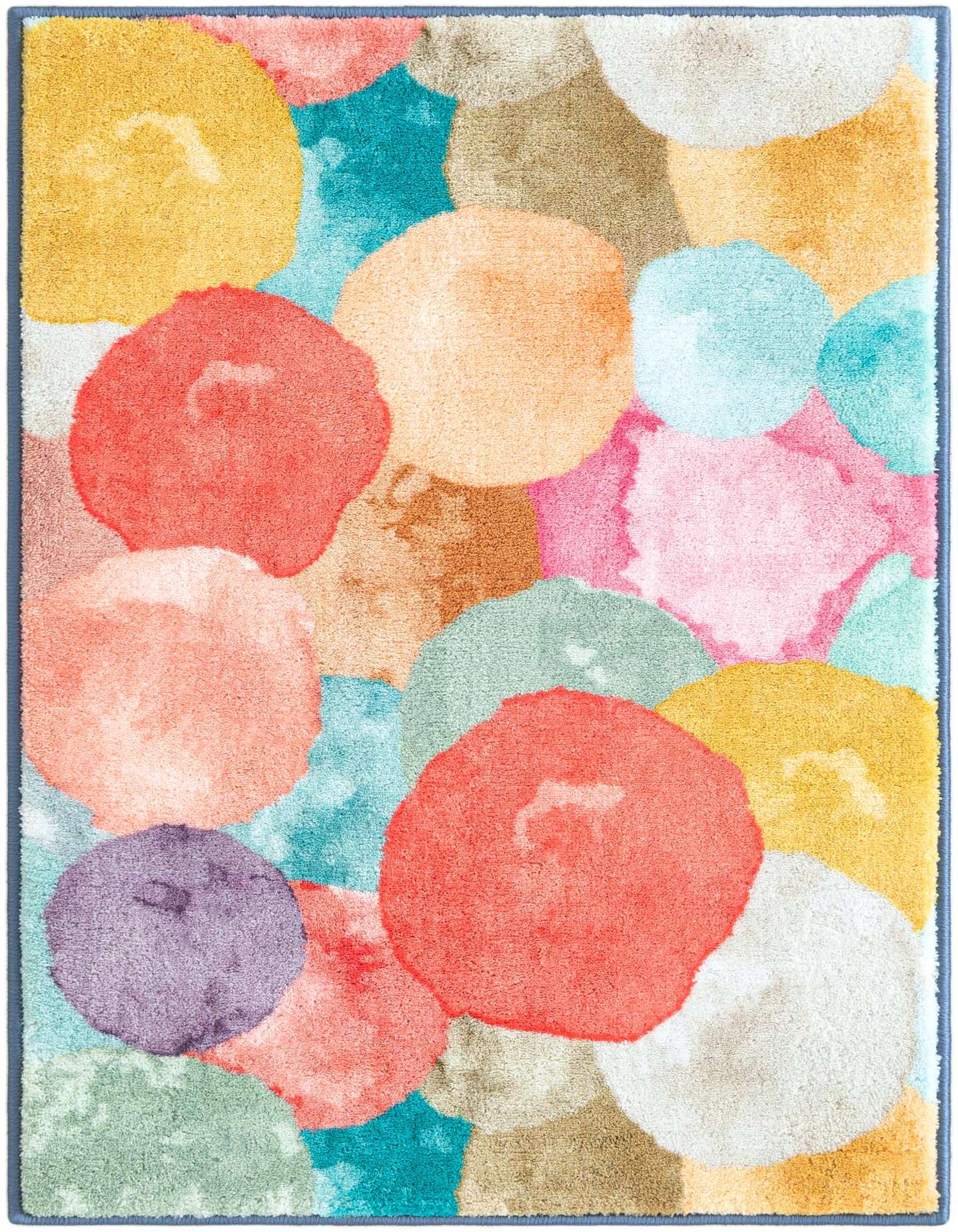 A 2x3 rectangular Medina rug featuring an abstract multi-colored bubble pattern in shades of red, yellow, pink, blue, and green.