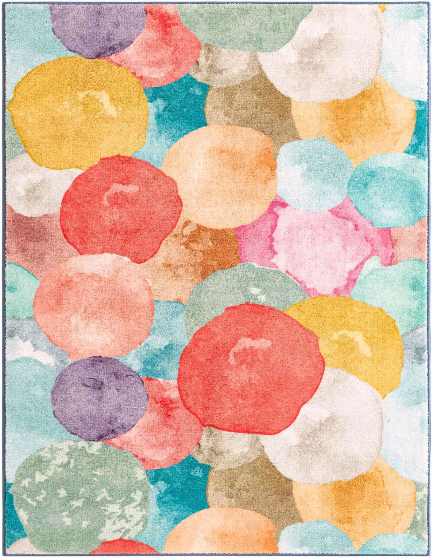A 4x6 multi-colored rectangular rug with a playful watercolor-style pattern of overlapping circles in shades of red, orange, yellow, green, blue, and purple.