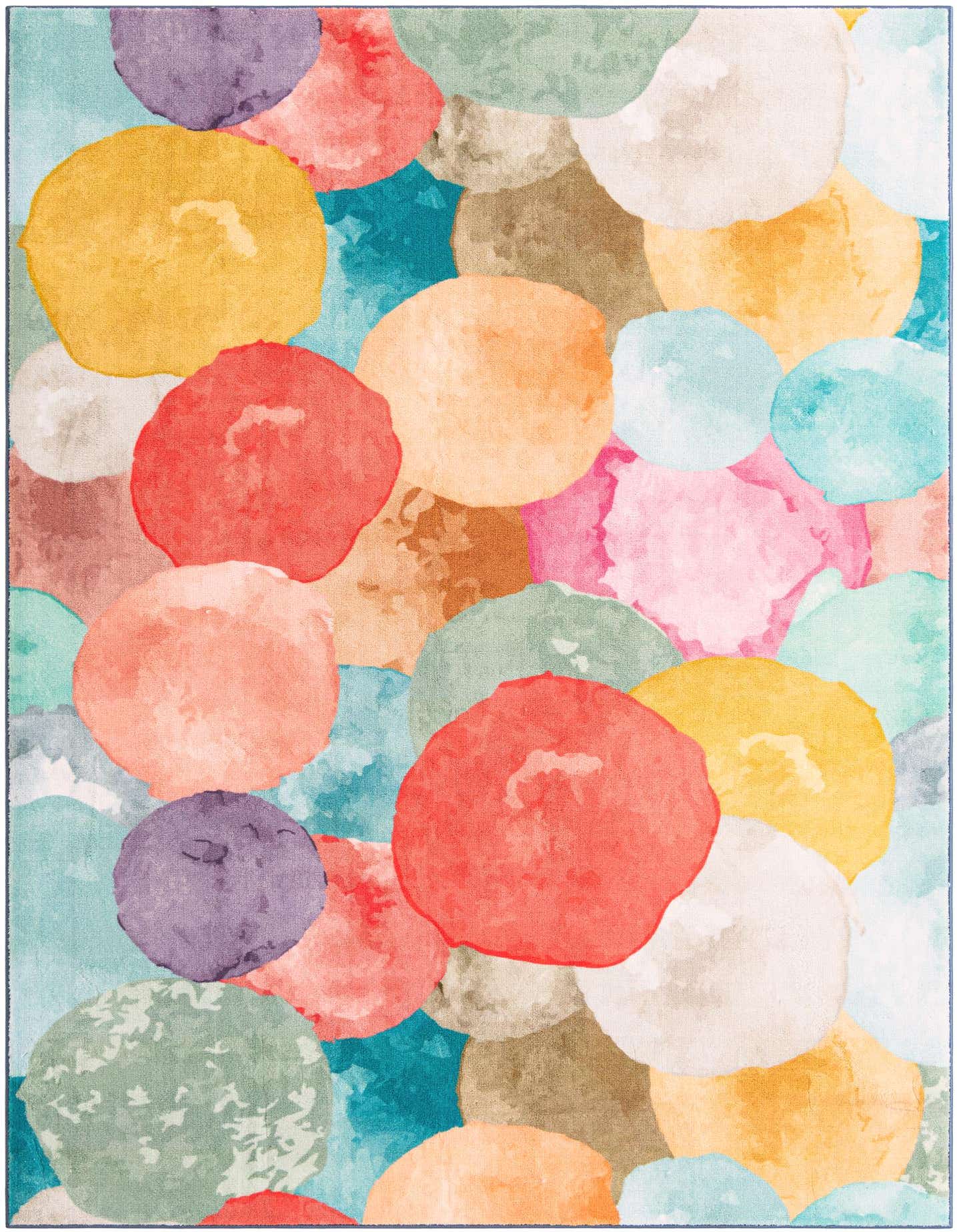 A 6x9 rectangular multi-colored rug featuring an abstract pattern of large, overlapping watercolor-style circles in shades of red, orange, yellow, blue, green, and purple.