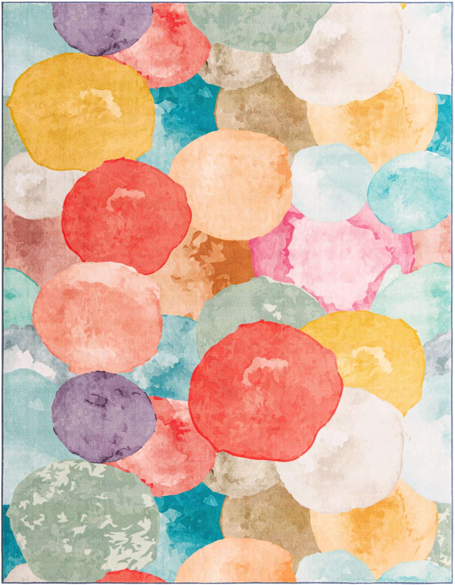 A vibrant 8x10 rectangular rug featuring an abstract pattern of overlapping watercolor-like circles in various shades of red, yellow, blue, green, and pink.