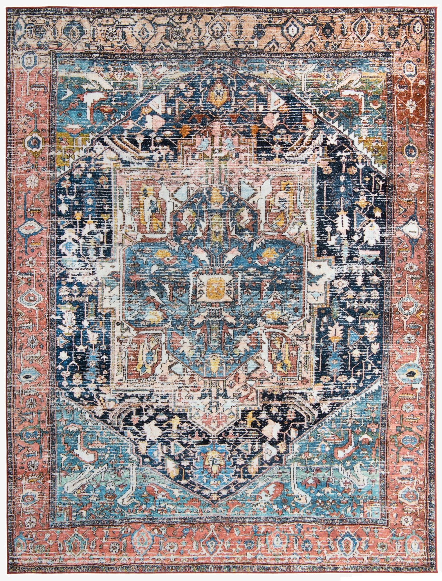 A multi-colored 8x10 rectangular Medina rug featuring a distressed traditional medallion and tribal pattern in blues, reds, and creams.