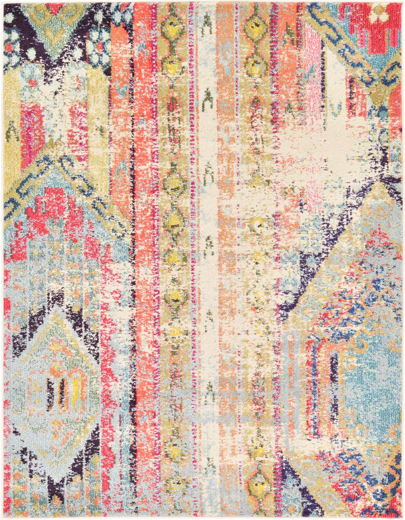 A 4x6 multi-colored rectangular rug with a distressed Southwestern and tribal pattern, featuring shades of red, blue, yellow, and purple.