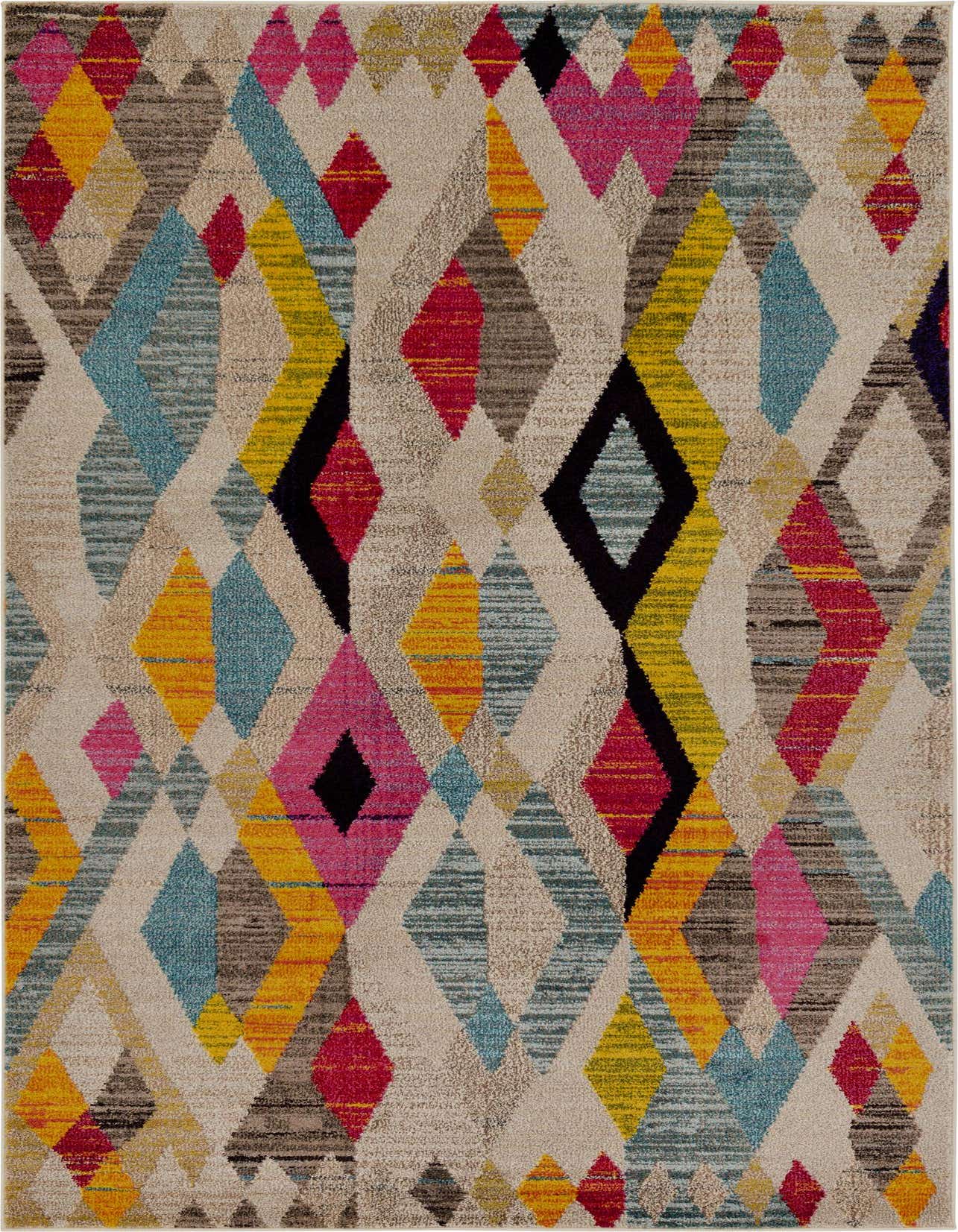A 5x8 rectangular multi-colored rug with a vibrant eclectic diamond pattern, suitable for a modern living room.