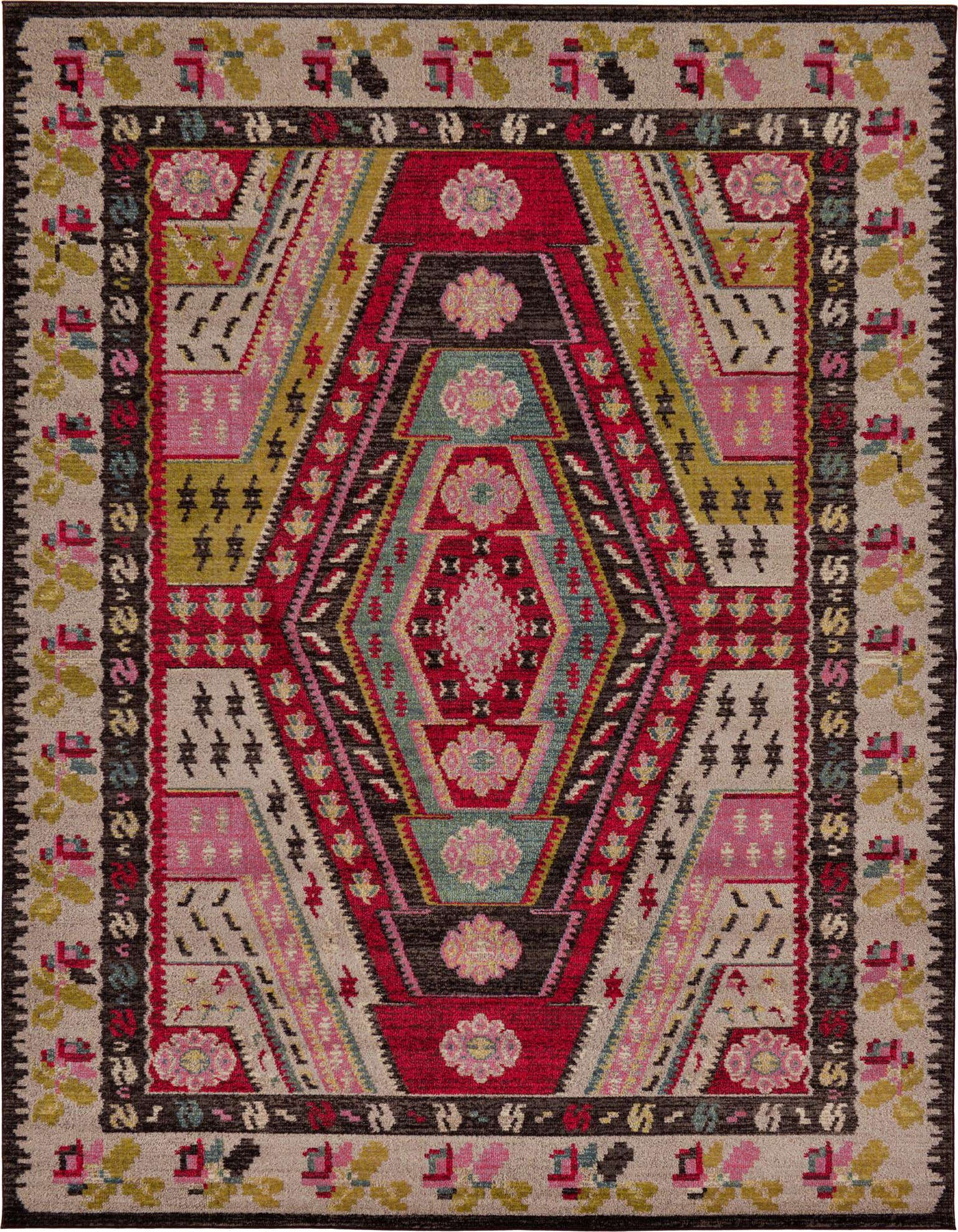 A 9x12 multi-colored rectangular rug featuring a vibrant central medallion with tribal and Southwestern patterns, ideal for a living room.