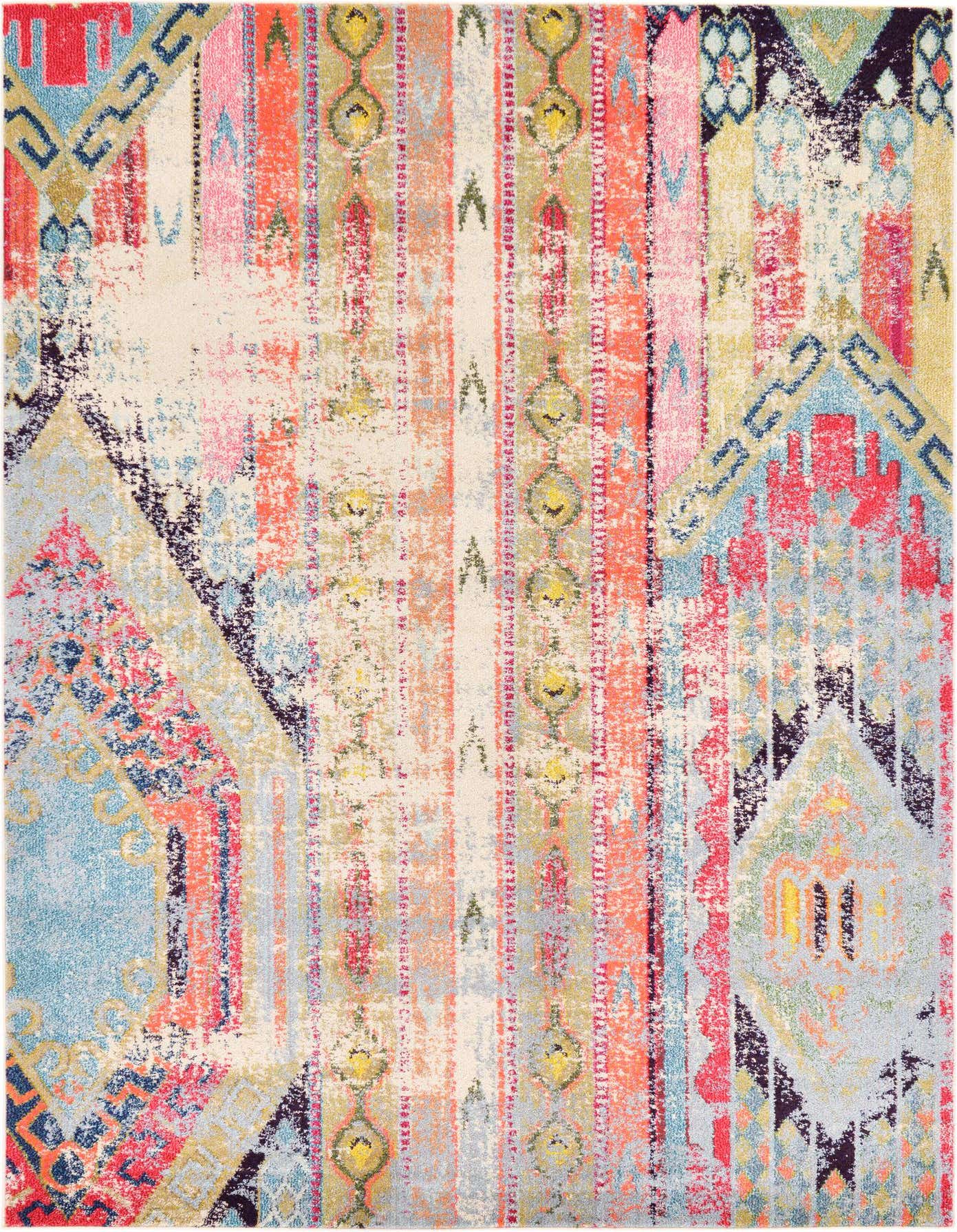 A 6x9 rectangular multi-colored Southwestern rug with a distressed tribal pattern featuring shades of coral, blue, pink, and green.