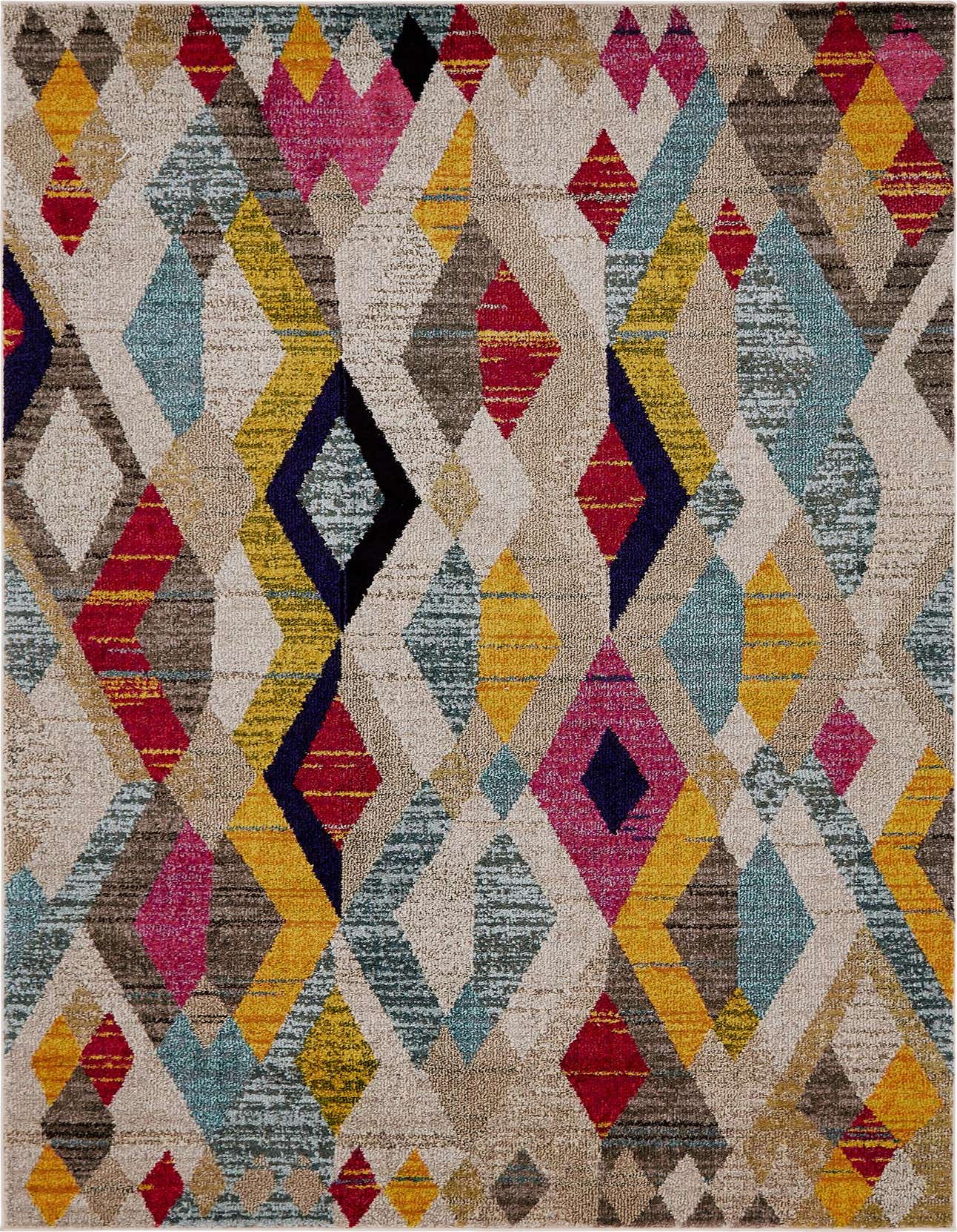 A 6x9 rectangular multi-colored rug with an eclectic diamond pattern in vibrant hues, perfect for a modern living room.