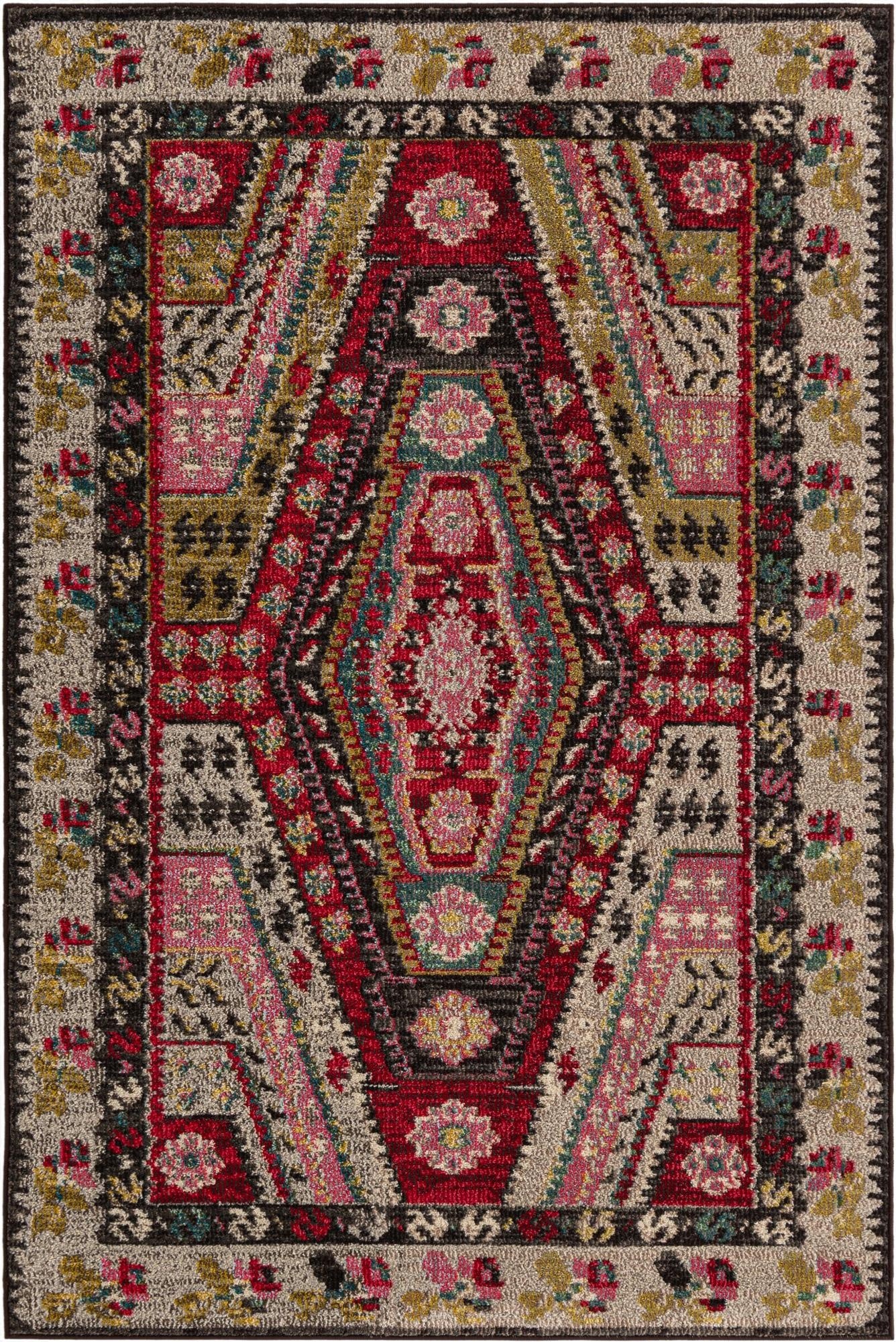 A 4x6 multi-colored rectangular rug with a vibrant Southwestern and tribal medallion pattern, ideal for a living room.