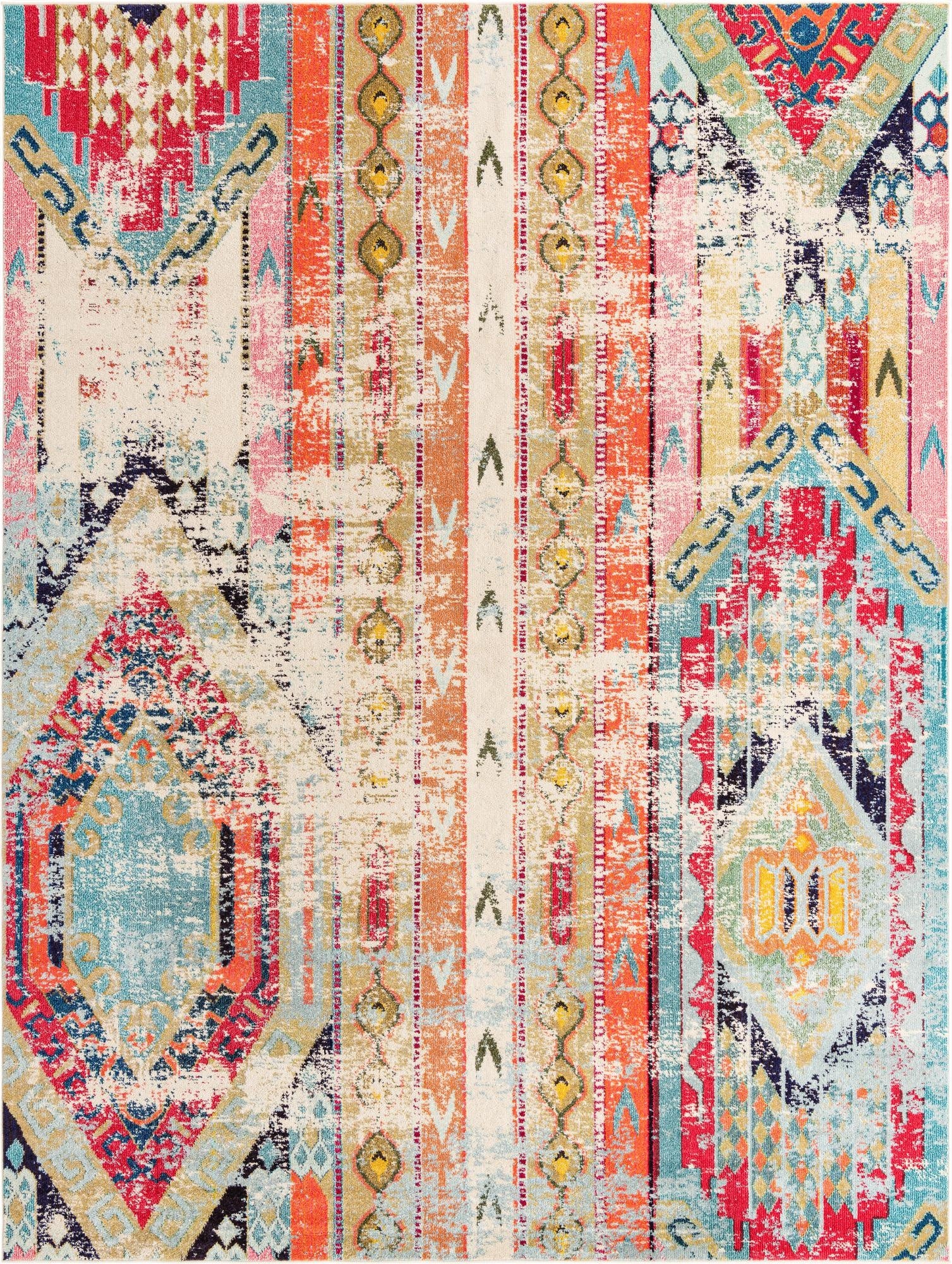 A 10x13 rectangular multi-colored Southwestern rug featuring tribal patterns, distressed textures, and vibrant hues of red, orange, blue, and cream.