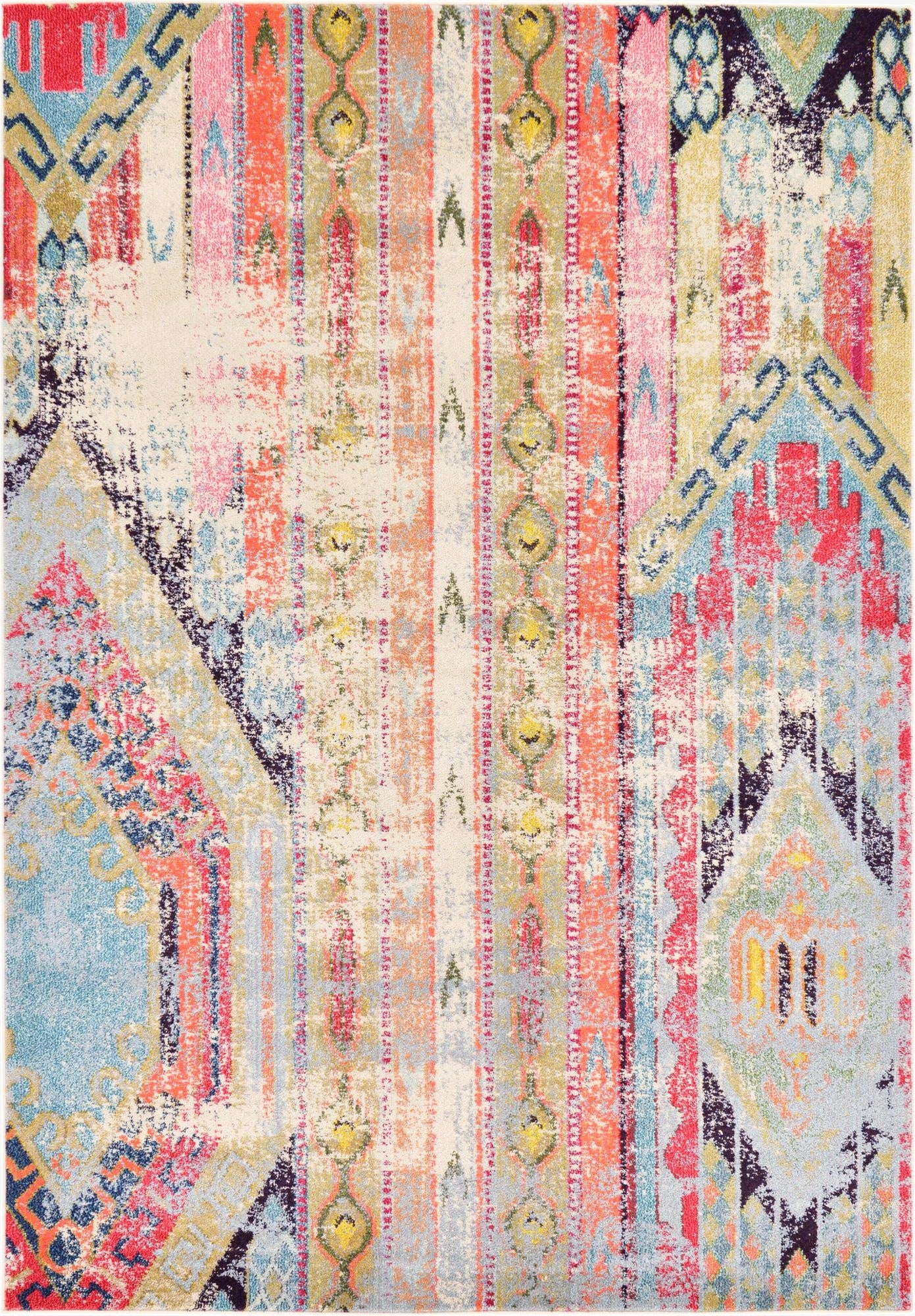 A 6x9 rectangular multi-colored Southwestern rug with a distressed tribal pattern featuring shades of coral, blue, pink, and green.