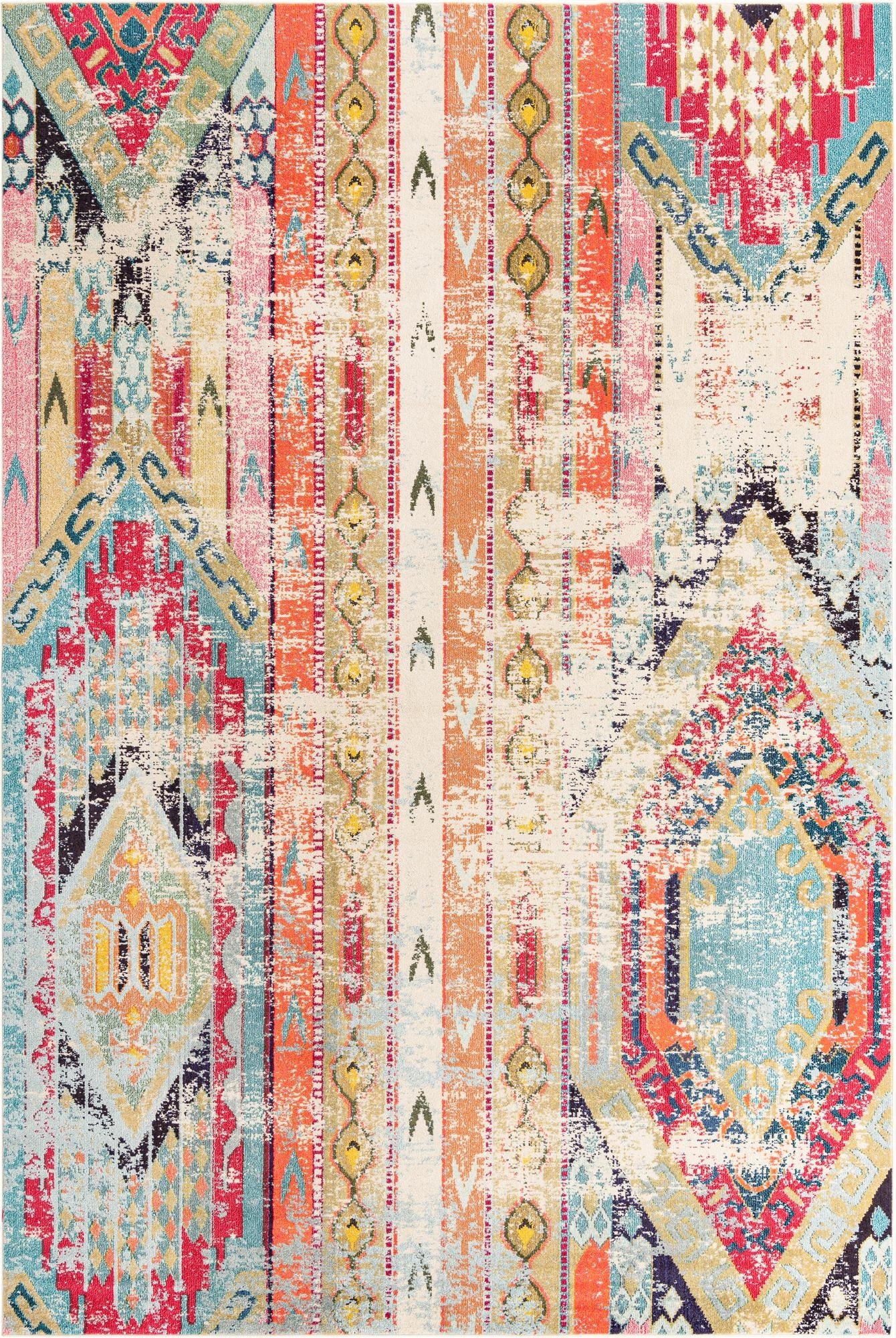 A 10x14 multi-colored rectangular Southwestern rug with tribal and modern patterns, featuring a distressed vintage look.