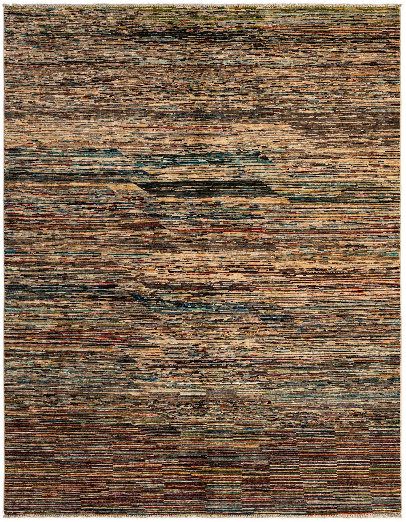 A 5x8 rectangular, multi-colored Modern Ziegler wool rug featuring horizontal stripes in various earthy tones and blues.
