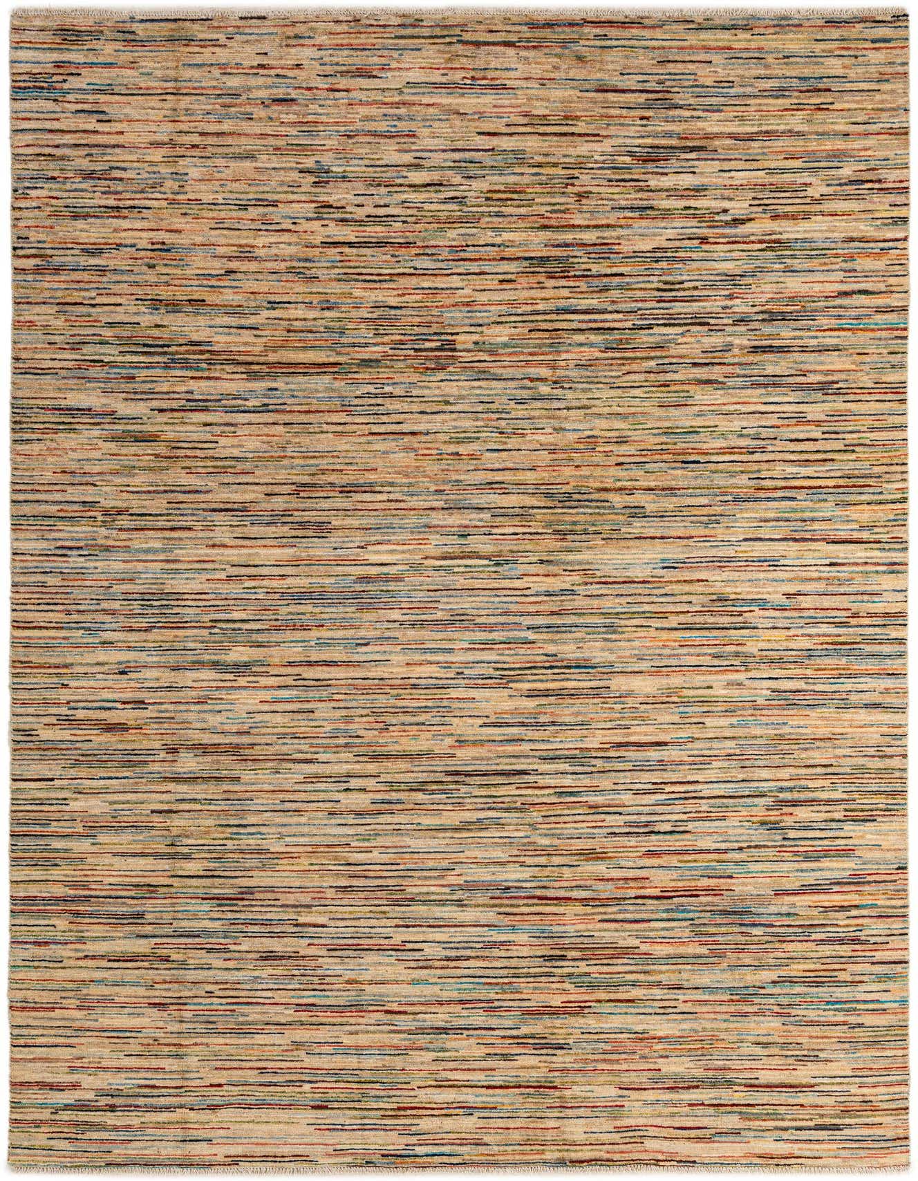 A 6x9 rectangular Modern Ziegler rug featuring a multi-colored striped pattern on a light beige background, suitable for a living room.