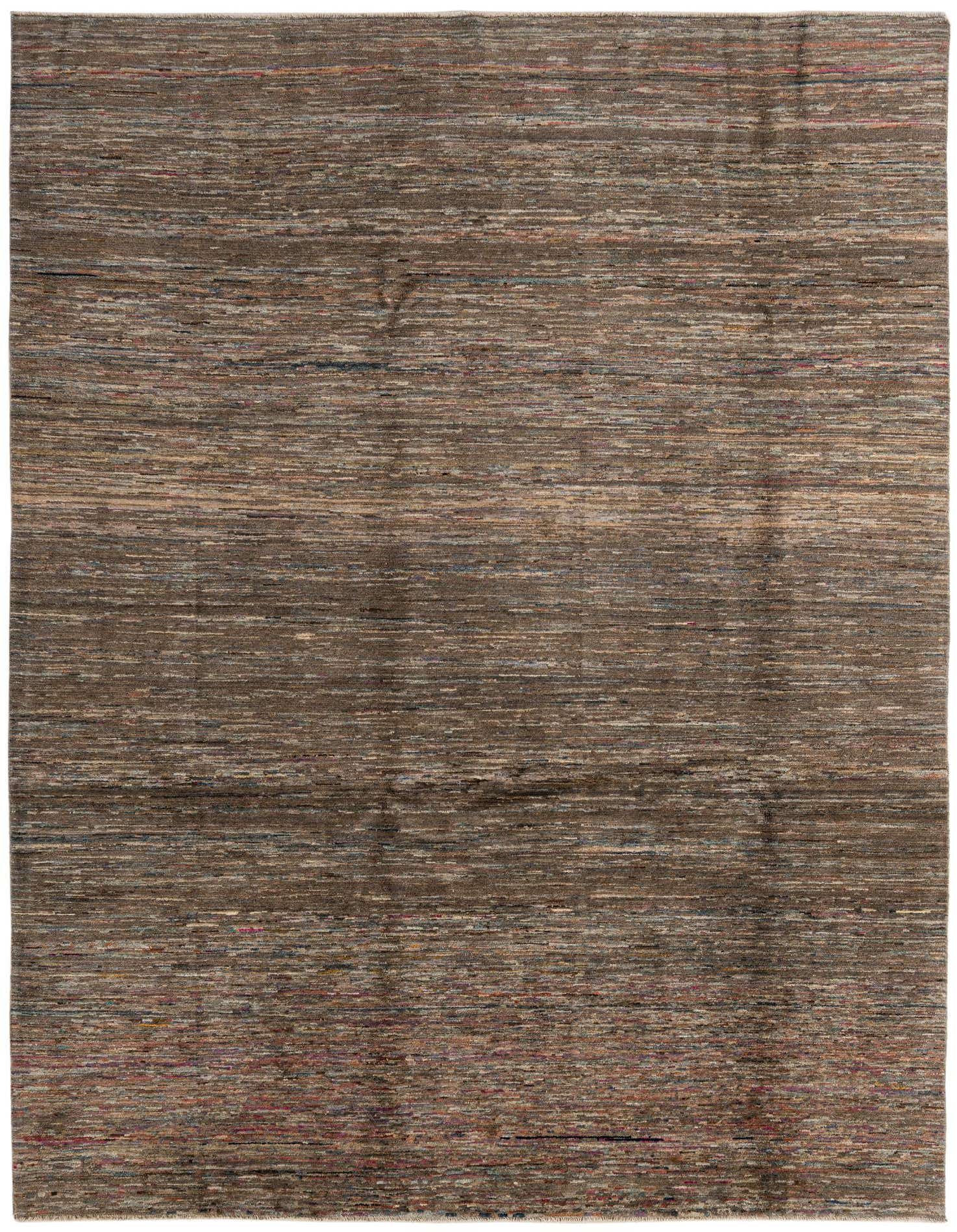 A 6x9 rectangular Modern Ziegler rug featuring a multi-colored striped pattern with earthy tones, suitable for a living room.