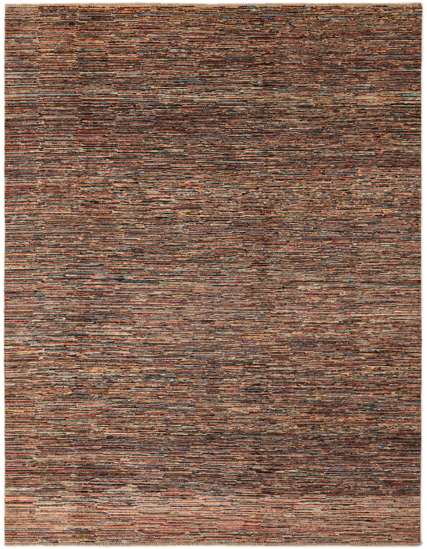 A 6x9 rectangular multi-colored wool area rug with a modern stripe pattern, ideal for a living room.