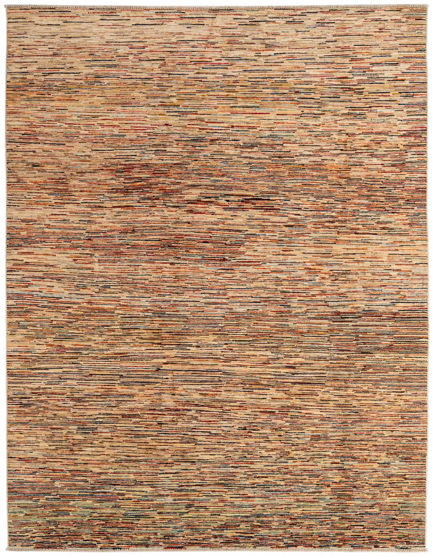 A 6x9 rectangular multi-colored modern wool rug with thin horizontal stripes, ideal for a living room.