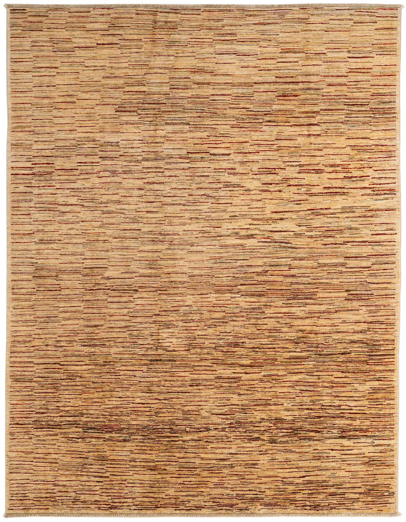 A 6x9 rectangular Modern Ziegler rug in multi-colored hand-spun wool, featuring horizontal stripes in varying shades.