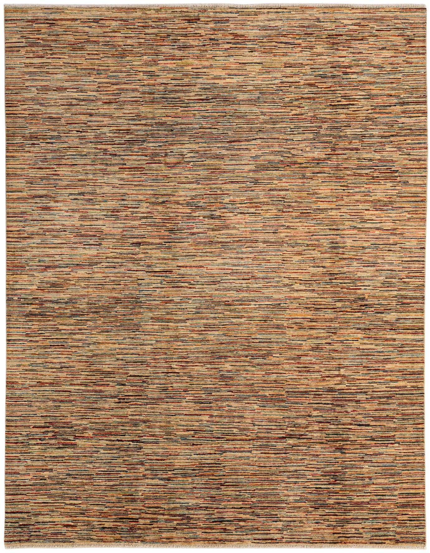 A 6x9 rectangular multi-colored modern stripe area rug, handmade from wool, ideal for a living room.