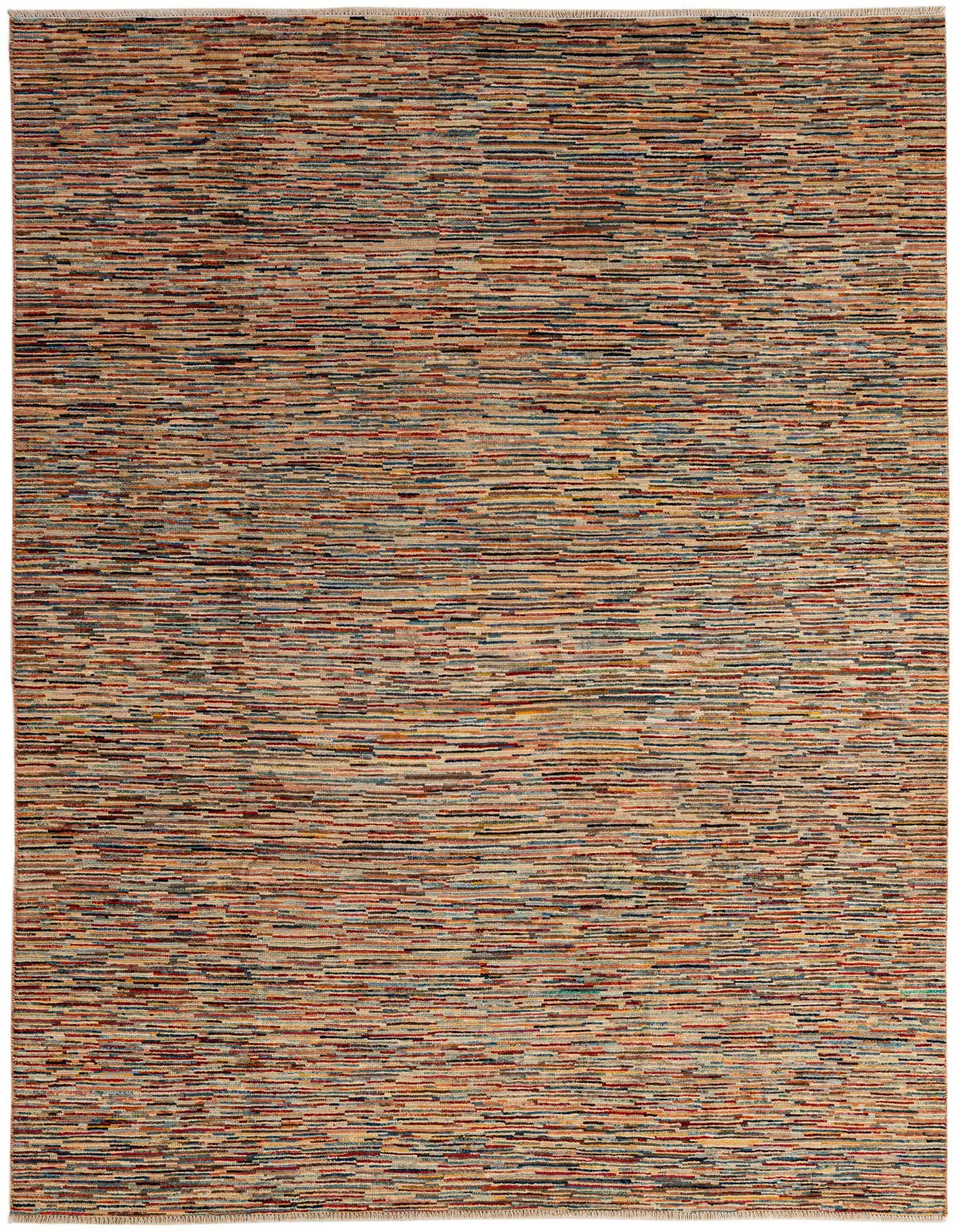 A 6x9 rectangular multi-colored modern stripe rug made of hand-spun wool, perfect for a living room.