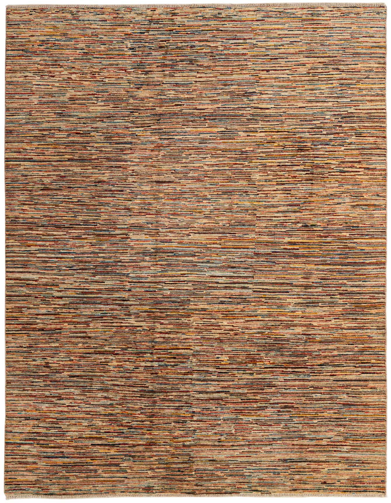 A 6x9 rectangular multi-colored Modern Ziegler rug with thin horizontal stripes, ideal for a living room or office.
