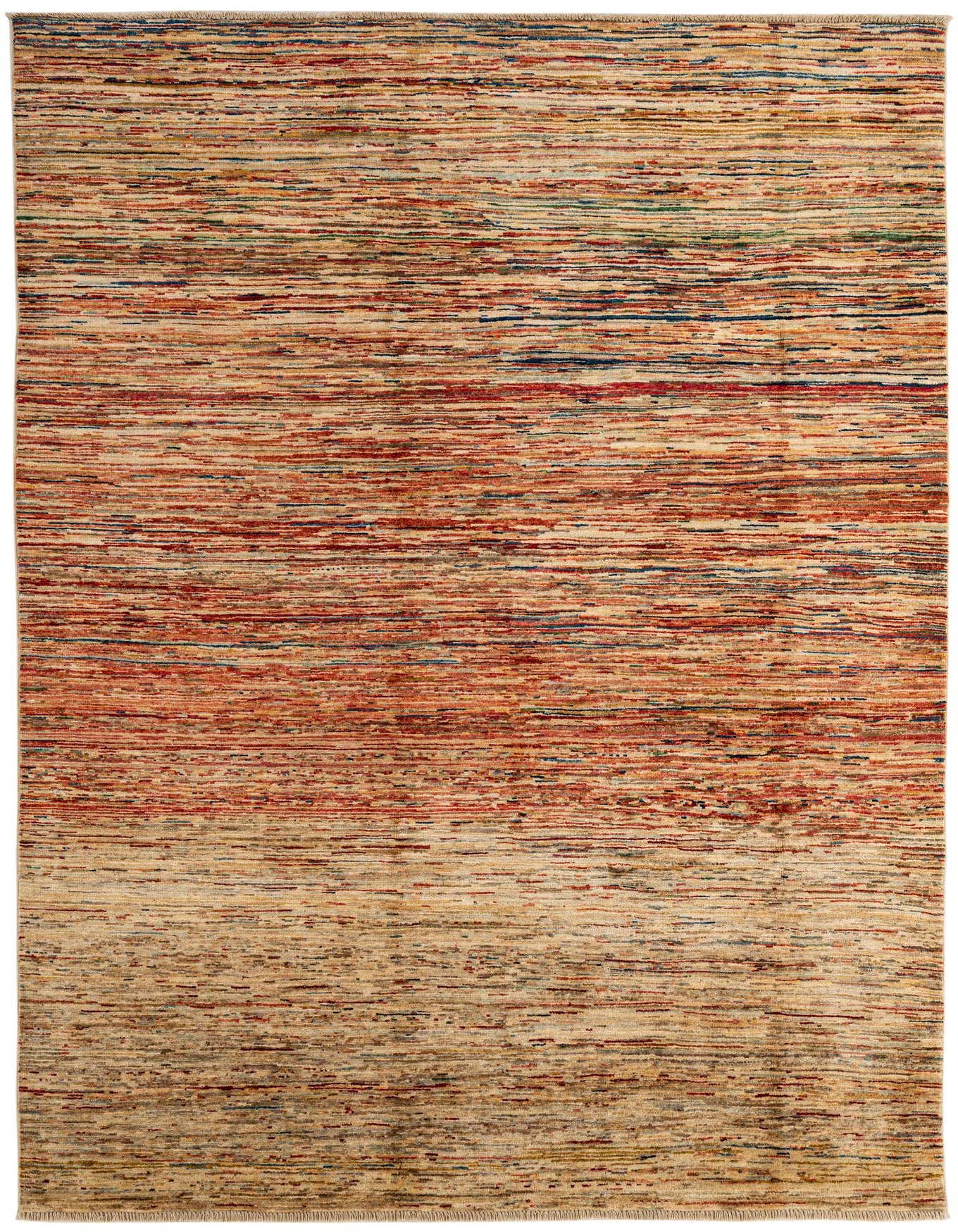 A 6x9 rectangular Modern Ziegler area rug featuring a multi-colored stripe pattern with dominant reds, blues, and natural tones.