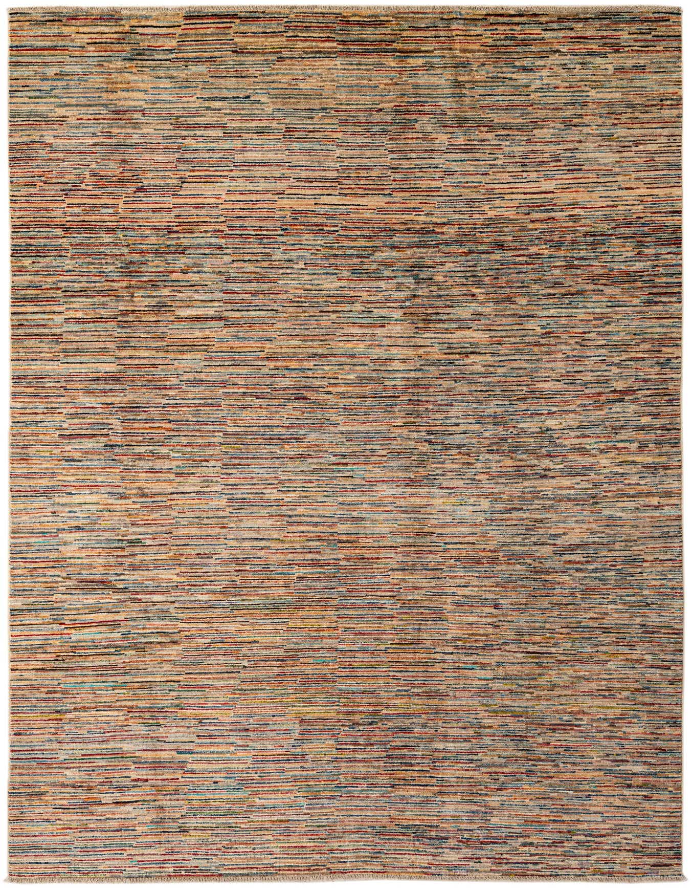 A 6x9 rectangular multi-colored wool area rug with a modern stripe pattern, ideal for a living room.