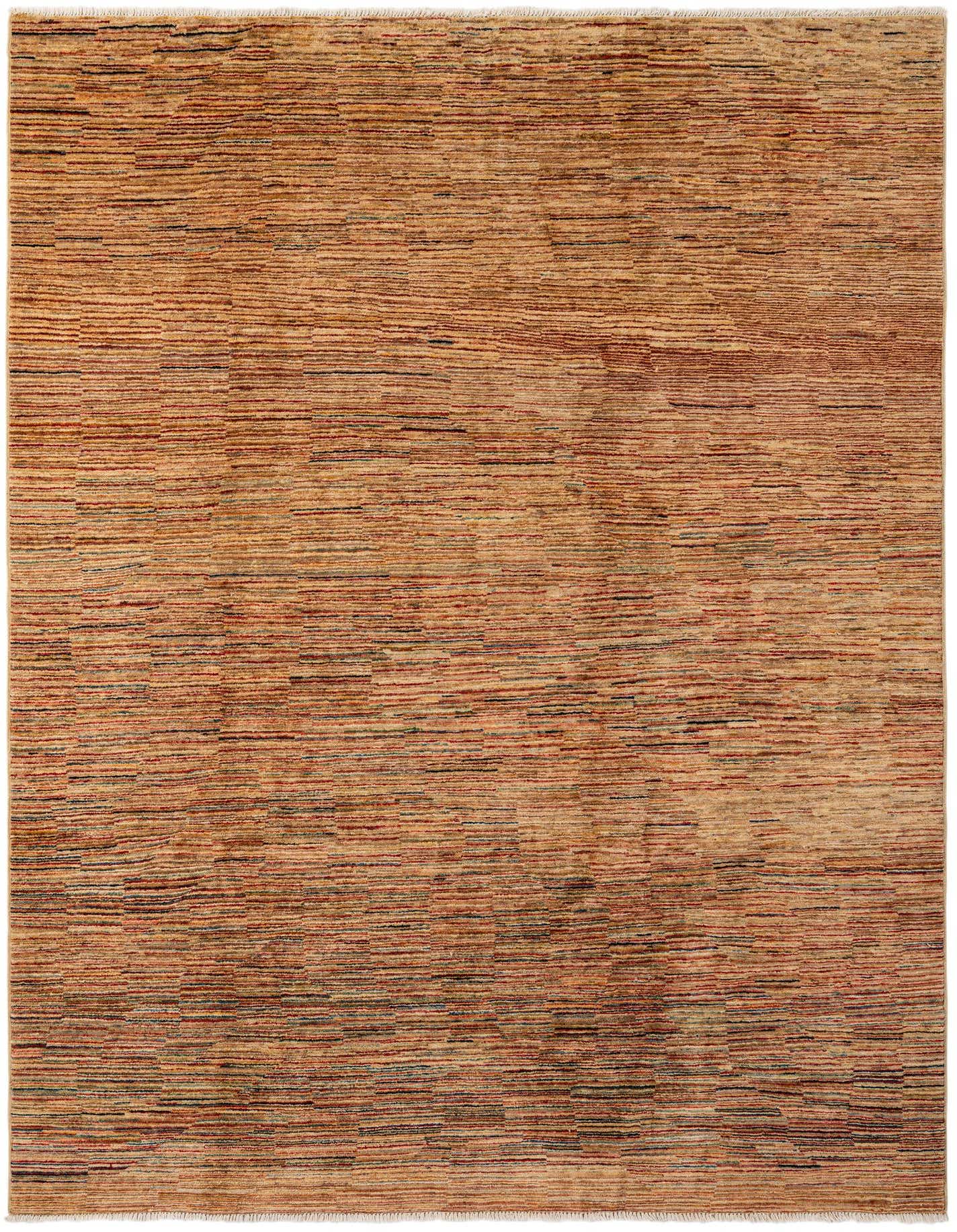 A 6x9 rectangular multi-colored wool area rug with thin, horizontal stripes in a modern Oriental style.