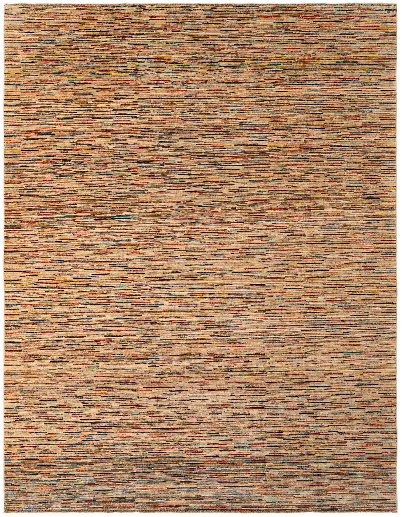 A 6x9 rectangular Modern Ziegler rug featuring a multi-colored stripe pattern on a light background, suitable for a living room.