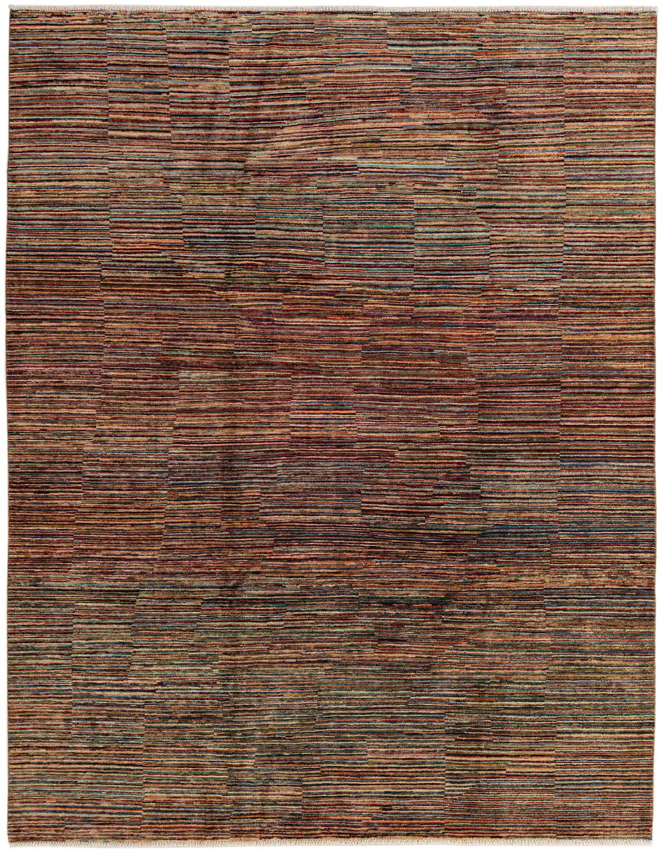 A 7x10 rectangular multi-colored wool rug with a modern striped and Oriental pattern, suitable for a living room.