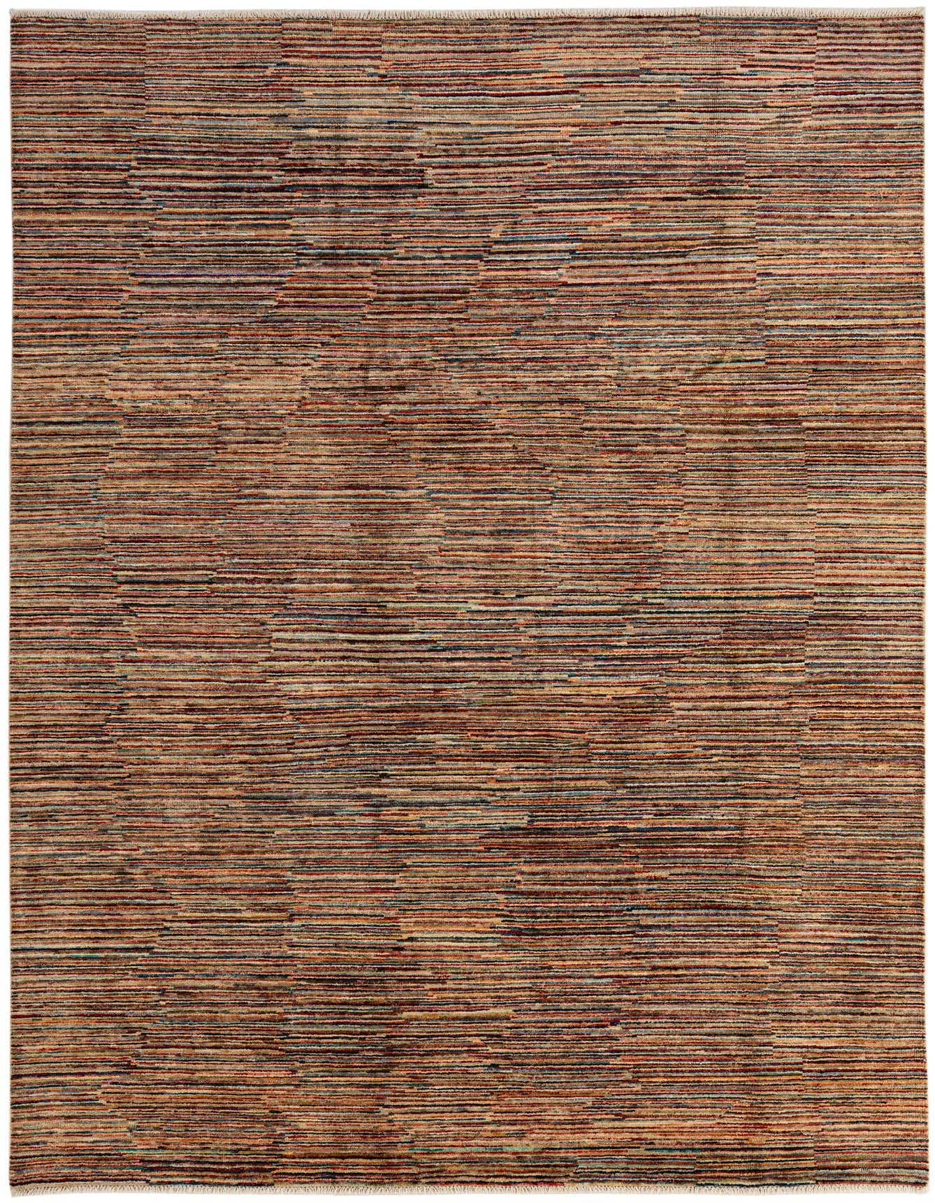 A 7x10 rectangular Modern Ziegler rug featuring multi-colored horizontal stripes in warm tones, handmade from wool.