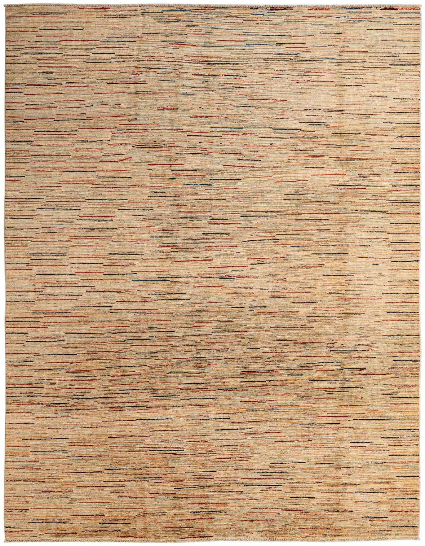 A 7x10 rectangular Modern Ziegler rug with a multi-colored stripe pattern on a light beige background, suitable for a living room.