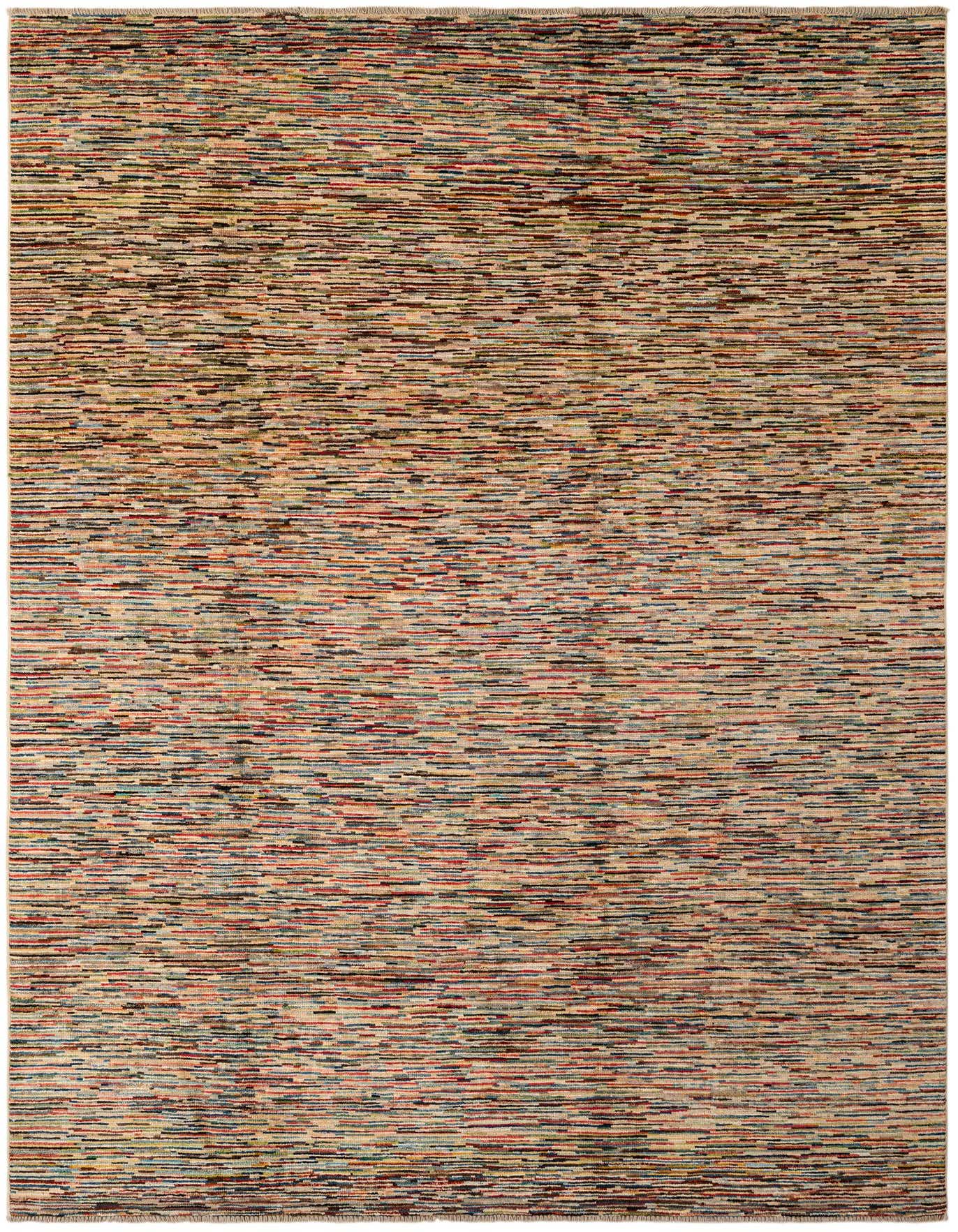 A 7x10 rectangular multi-colored wool area rug featuring a modern stripe pattern, ideal for a living room.