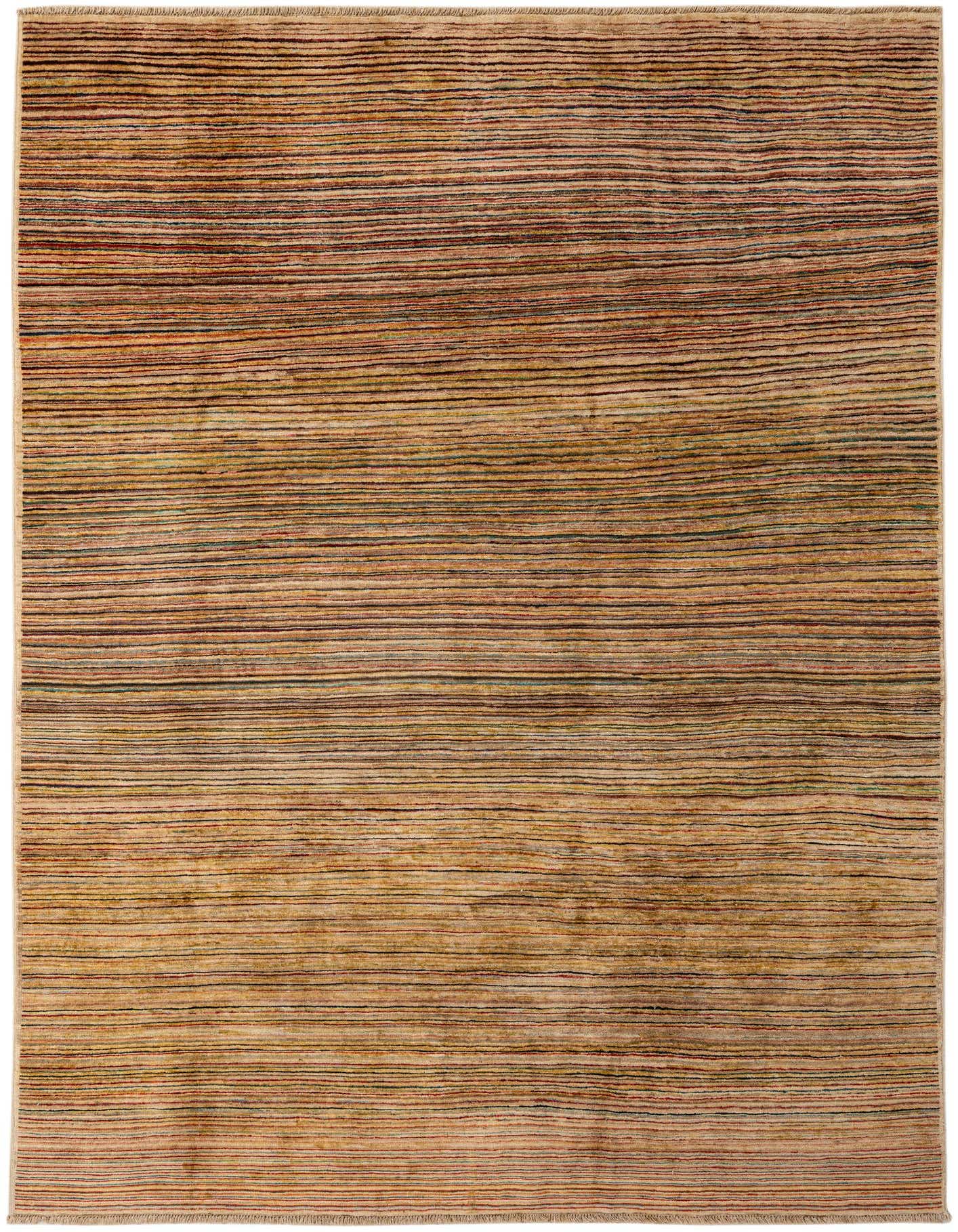 A 6x9 rectangular Modern Ziegler rug featuring thin, multi-colored horizontal stripes in earthy tones, suitable for a living room.