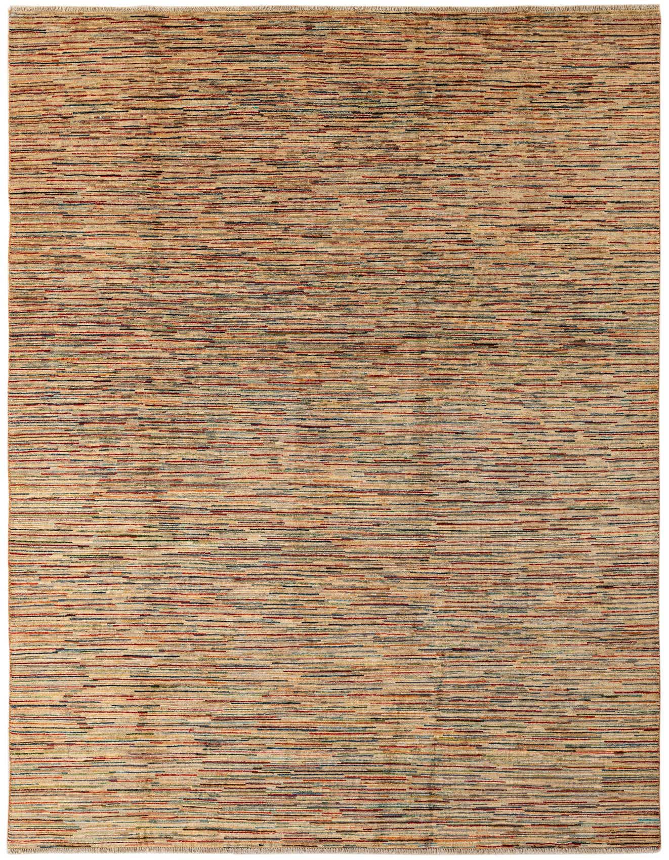 A 7x10 rectangular Modern Ziegler rug with a multi-colored stripe pattern on a light background, perfect for a living room.