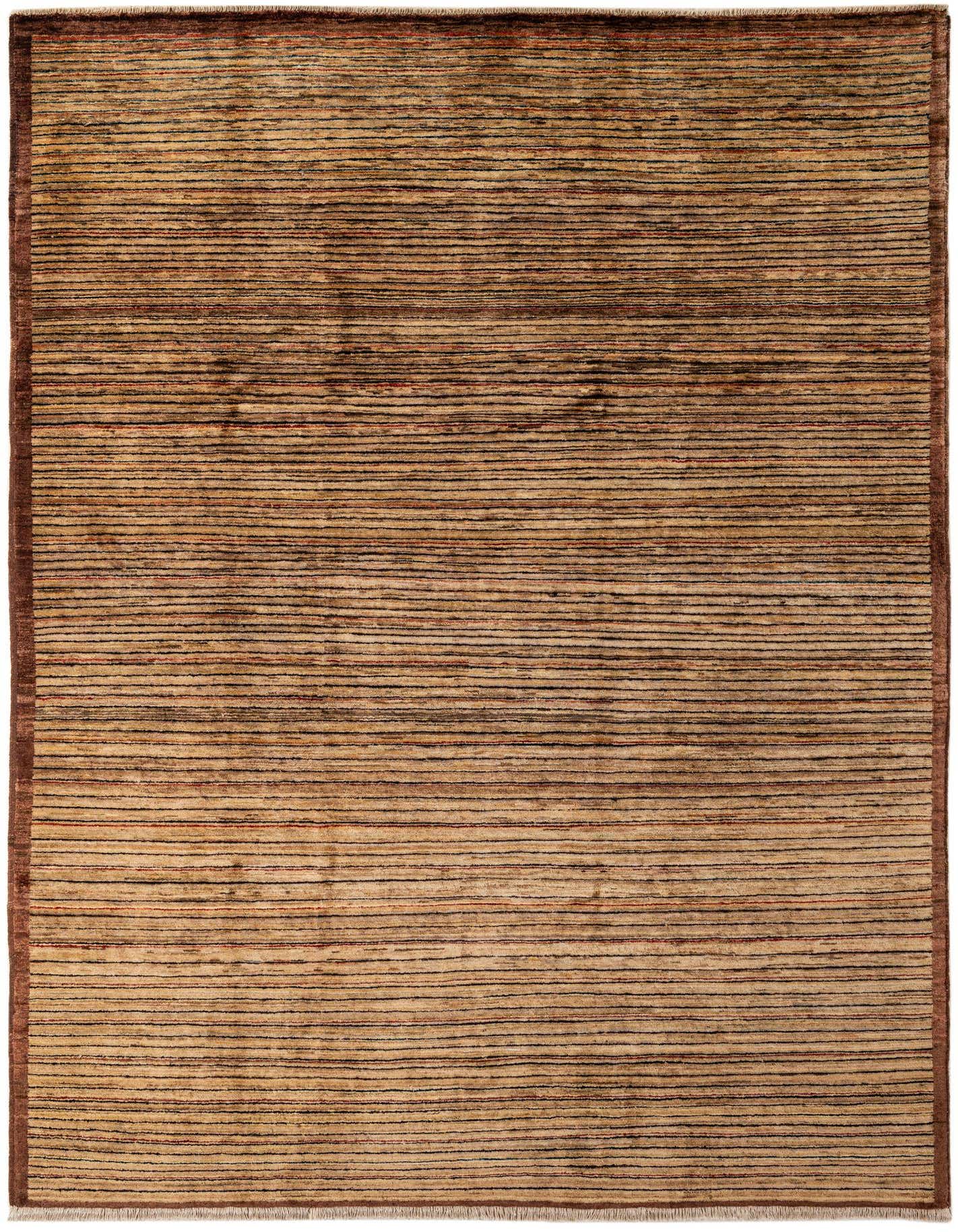 A 7x10 rectangular Modern Ziegler rug featuring thin, multi-colored horizontal stripes in earthy tones, ideal for a living room.