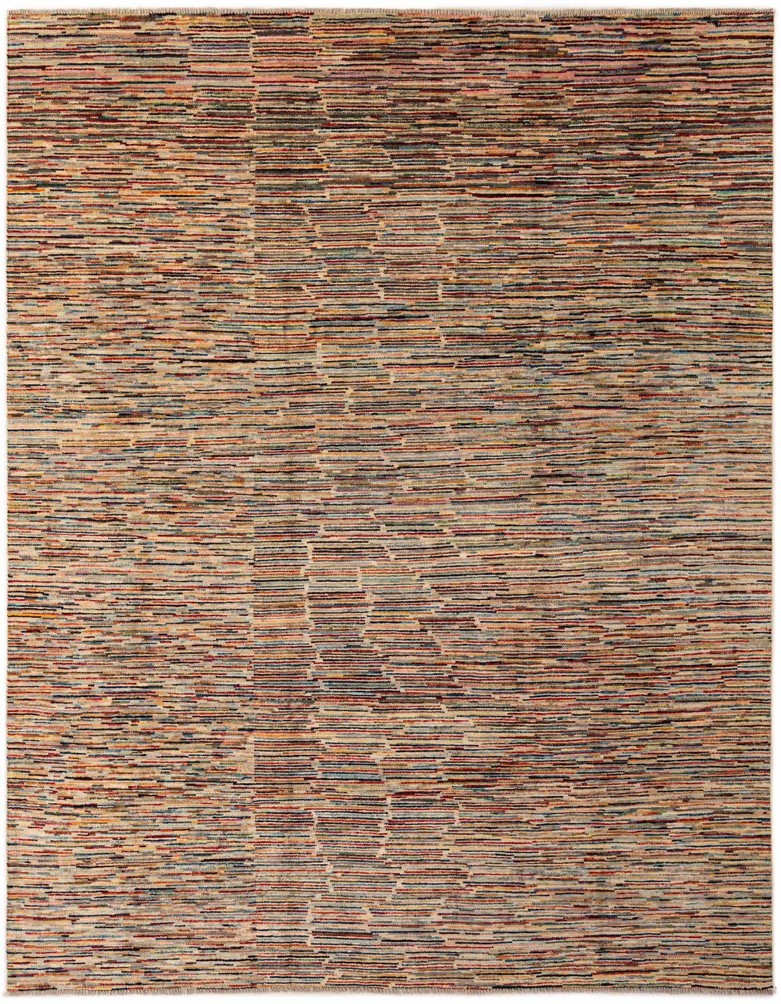 A rectangular 8x10 multi-colored wool rug with thin horizontal stripes and subtle geometric patterns, ideal for a living room.