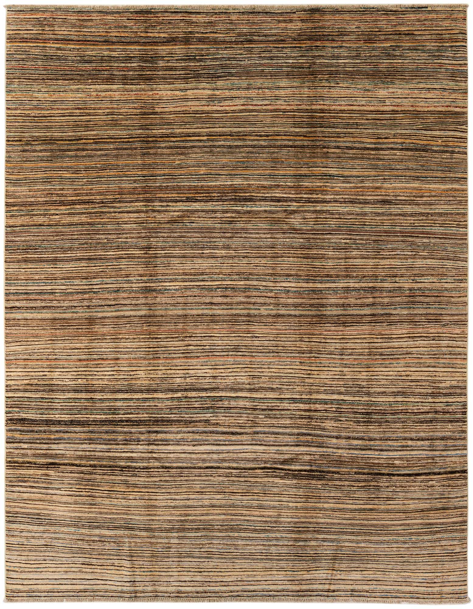 A rectangular 8x10 Modern Ziegler rug by Rugs.com, featuring horizontal stripes in various multi-colored tones, suitable for a living room.