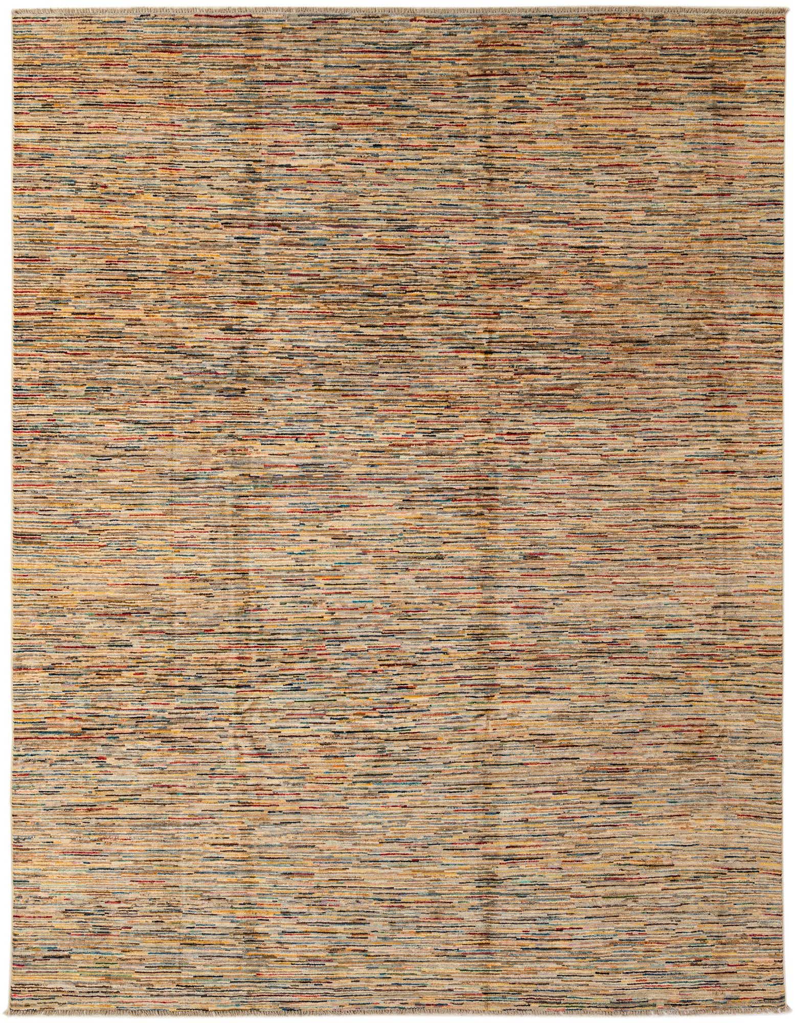 A rectangular 8x10 multi-colored wool rug with a modern stripe pattern, ideal for a living room.