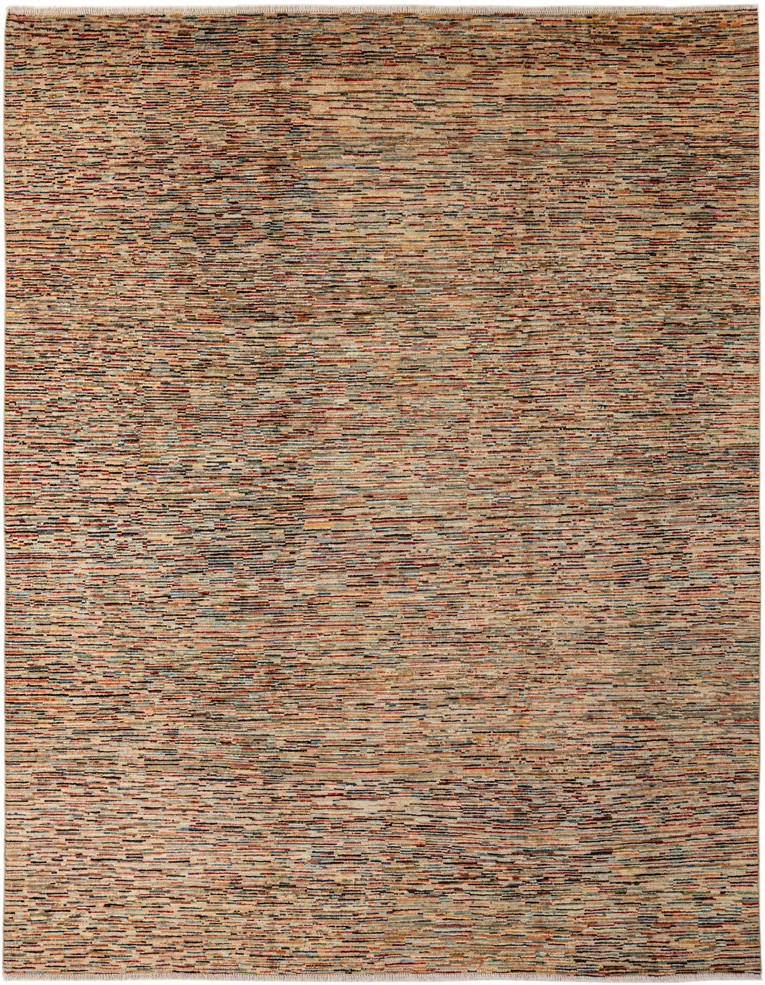 A rectangular 8x10 multi-colored wool area rug featuring a modern stripe pattern, ideal for a living room.