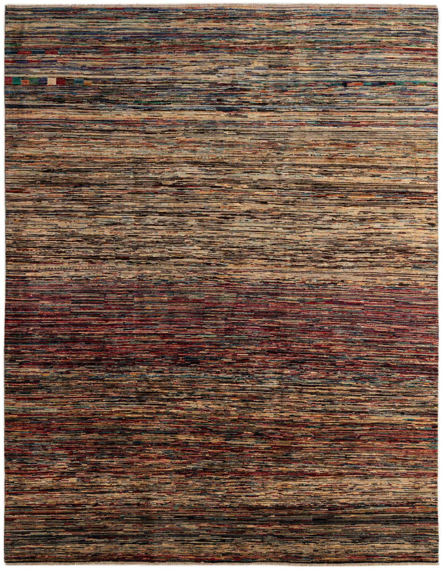 A rectangular 8x11 multi-colored wool area rug featuring a modern stripe and oriental pattern, ideal for a living room.
