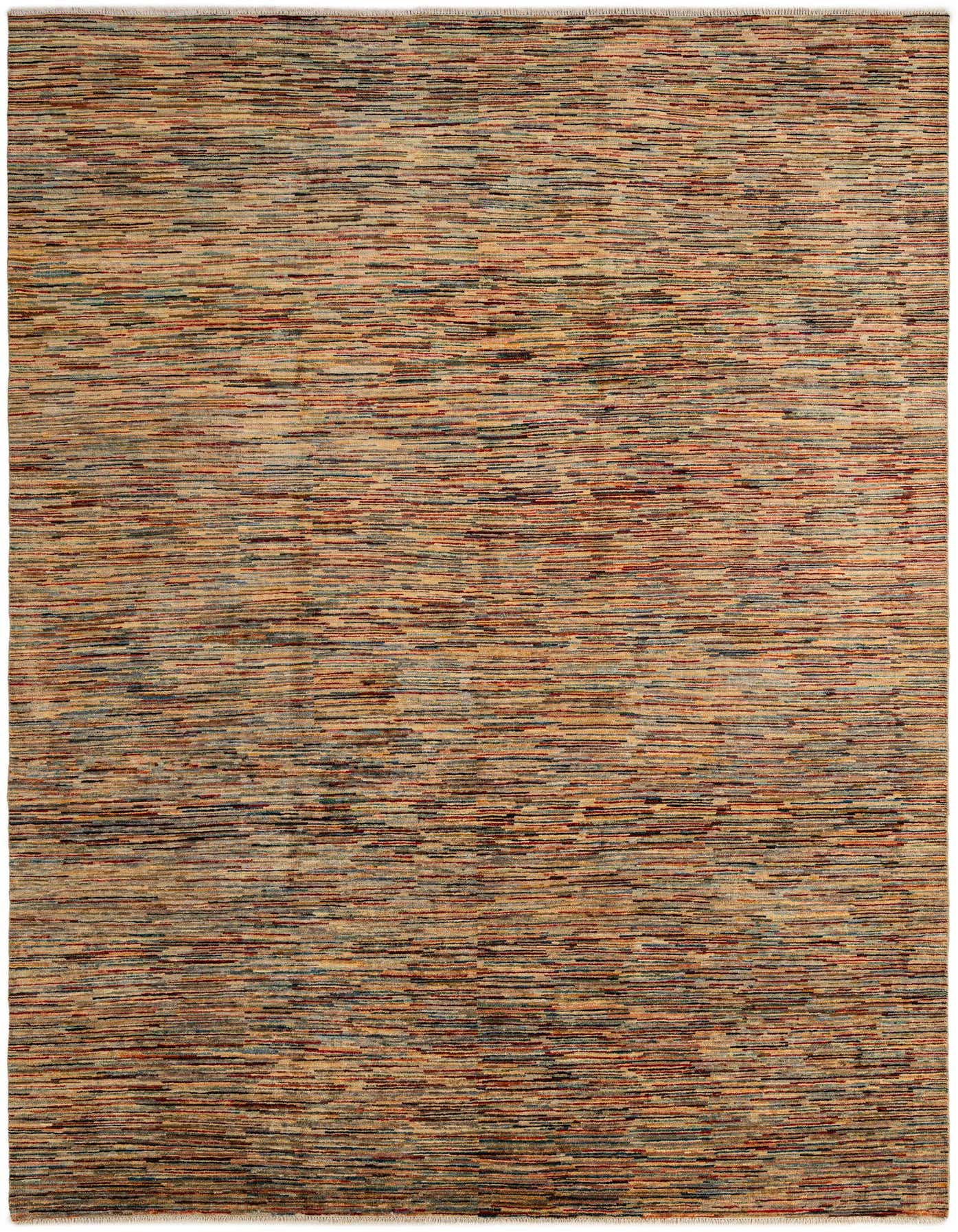 A rectangular 8x11 multi-colored Modern Ziegler wool rug with horizontal stripes in various earthy tones.