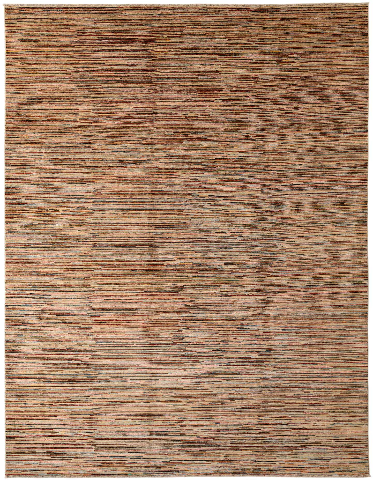 A rectangular 8x11 multi-colored wool rug featuring thin horizontal stripes in various hues, ideal for a living room.